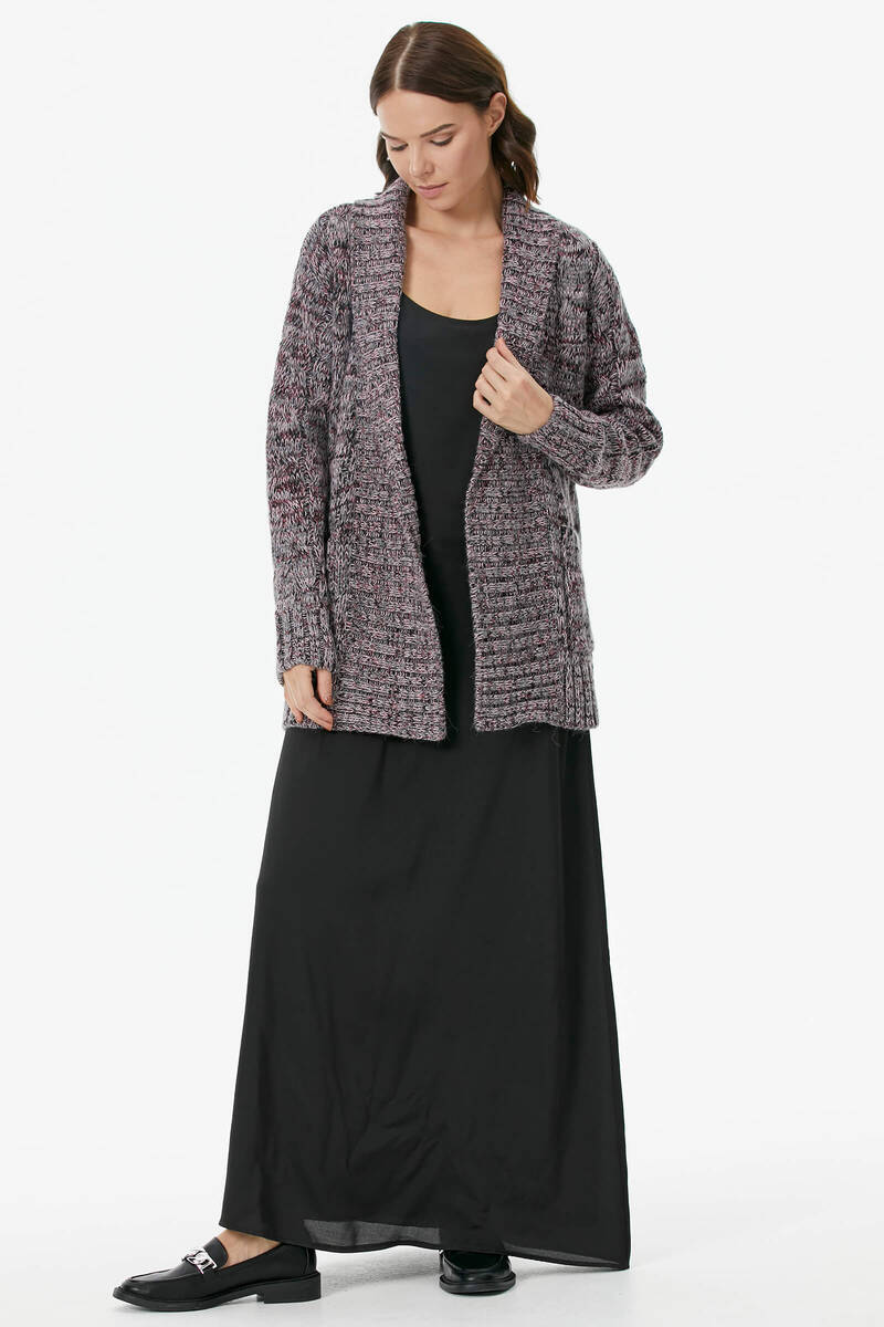 Şal Yaka Saç Örgülü Kırçıllı Triko Hırka - Gül (1) Sementa