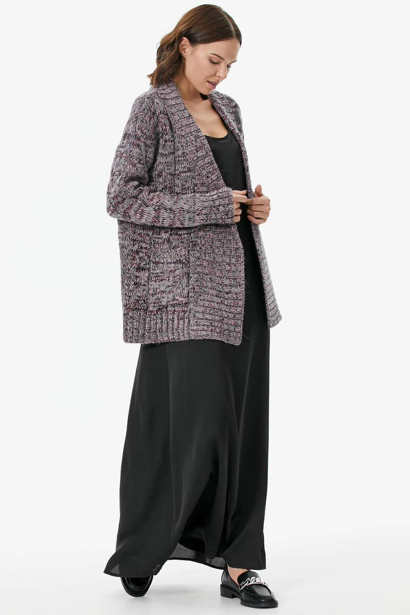 Şal Yaka Saç Örgülü Kırçıllı Triko Hırka - Gül (3) Sementa