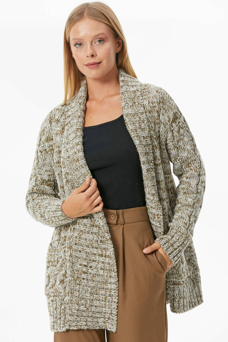 Şal Yaka Saç Örgülü Kırçıllı Triko Hırka - Haki (3) Sementa