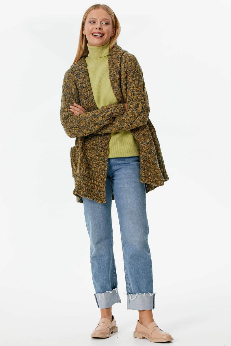 Şal Yaka Saç Örgülü Kırçıllı Triko Hırka - Hardal (3) Sementa