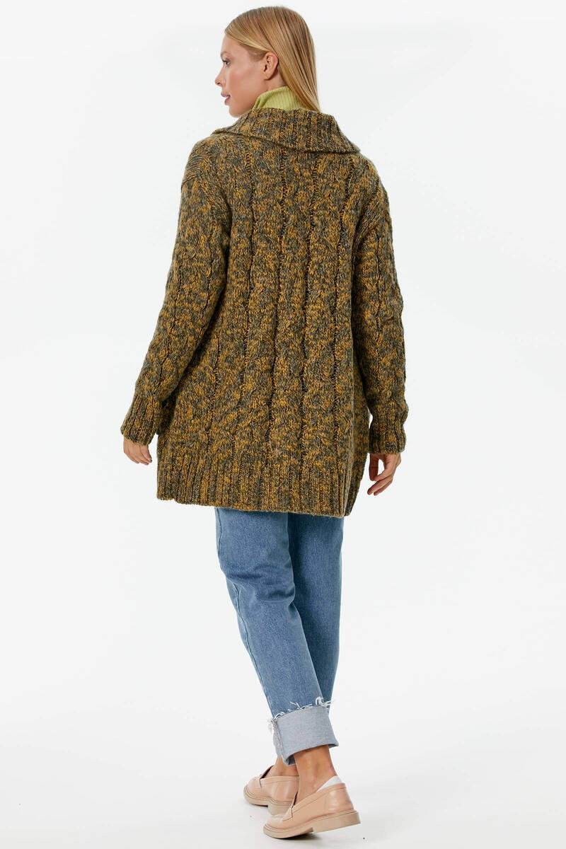 Şal Yaka Saç Örgülü Kırçıllı Triko Hırka - Hardal (5) Sementa