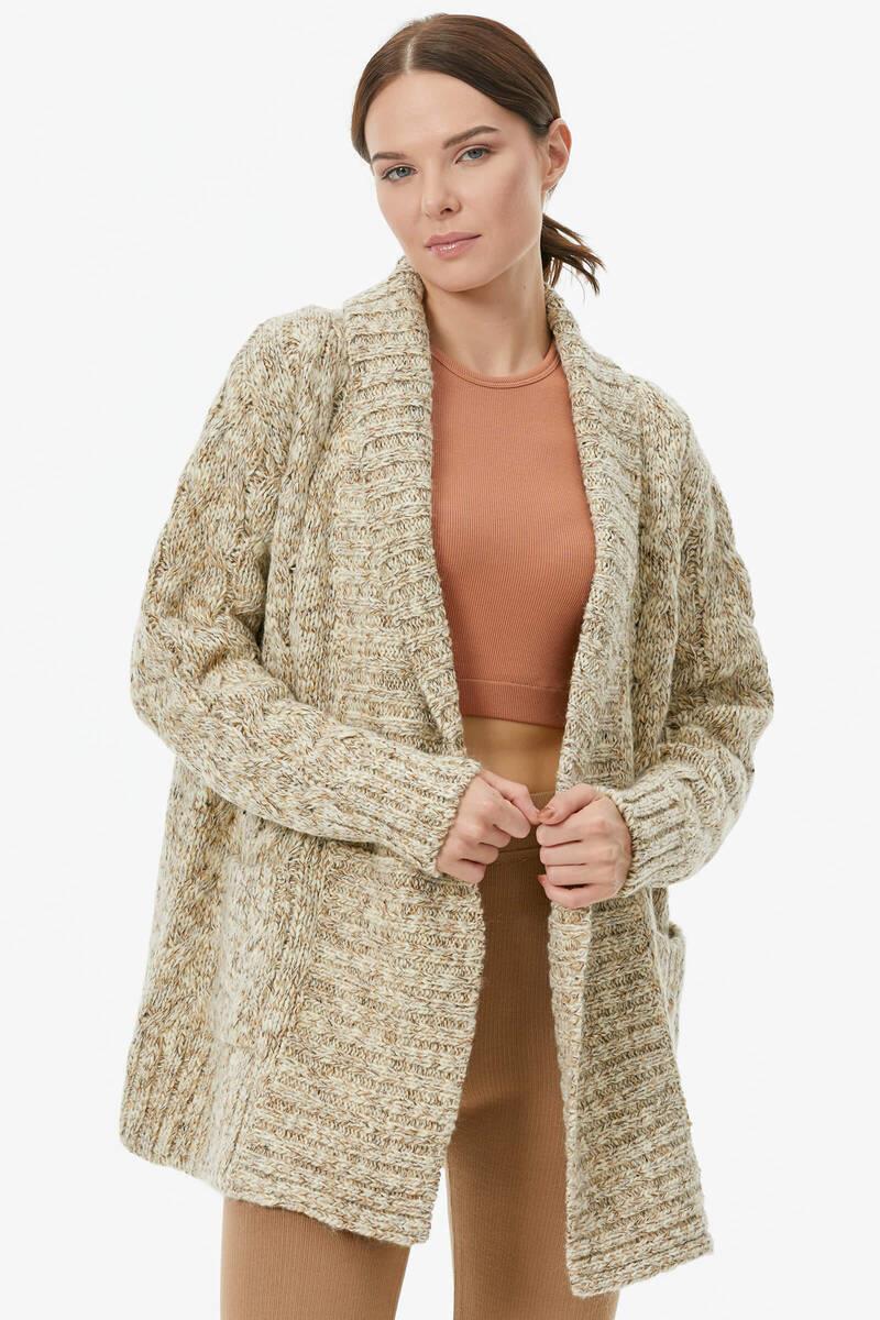 Şal Yaka Saç Örgülü Kırçıllı Triko Hırka - Kemik (2) Sementa