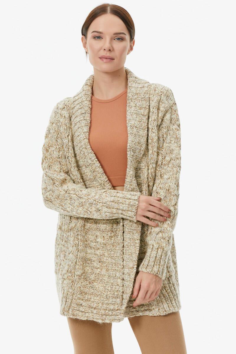 Şal Yaka Saç Örgülü Kırçıllı Triko Hırka - Kemik (3) Sementa