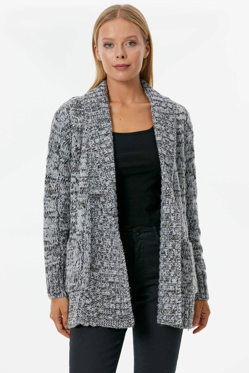 Şal Yaka Saç Örgülü Kırçıllı Triko Hırka - Mavi (1) Sementa