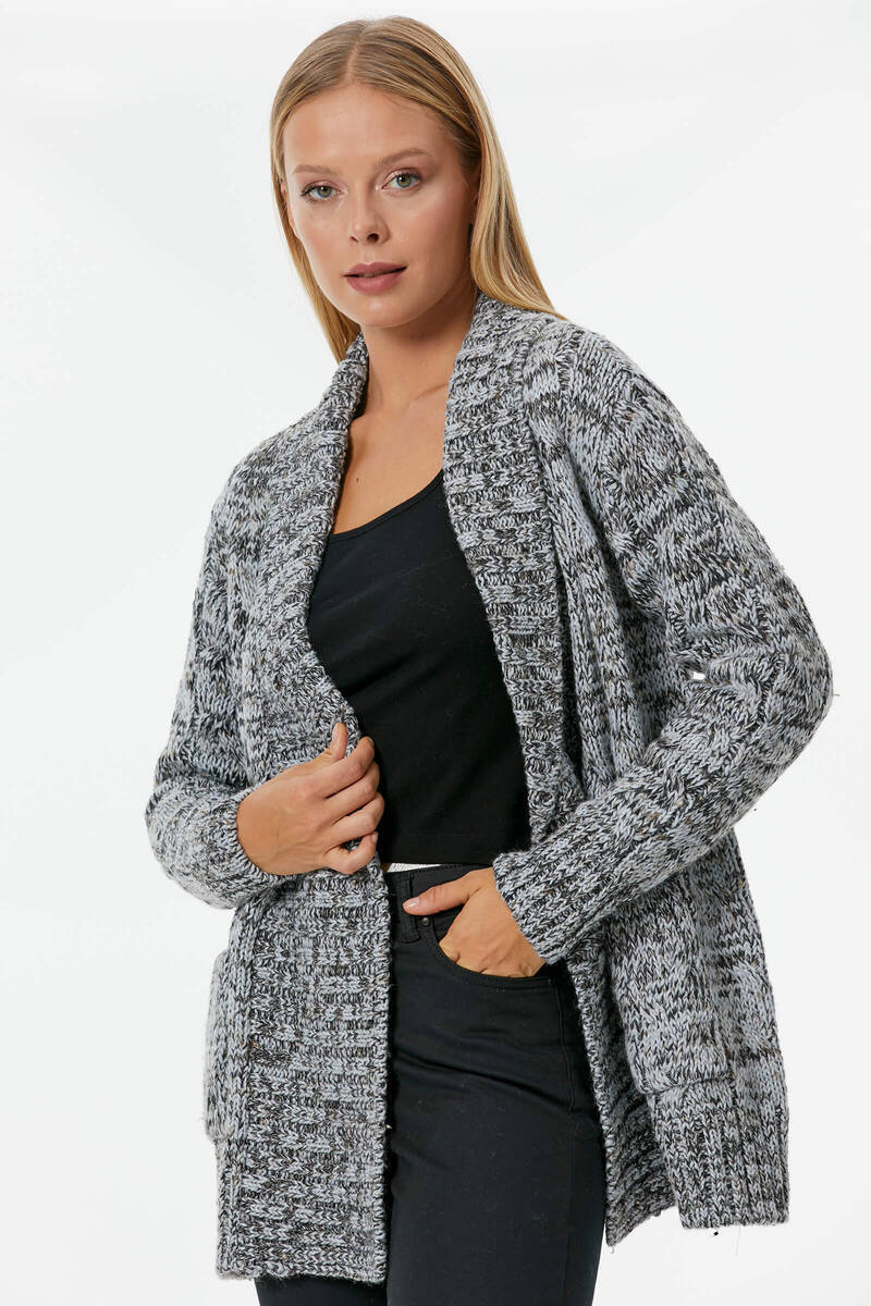 Şal Yaka Saç Örgülü Kırçıllı Triko Hırka - Mavi (3) Sementa