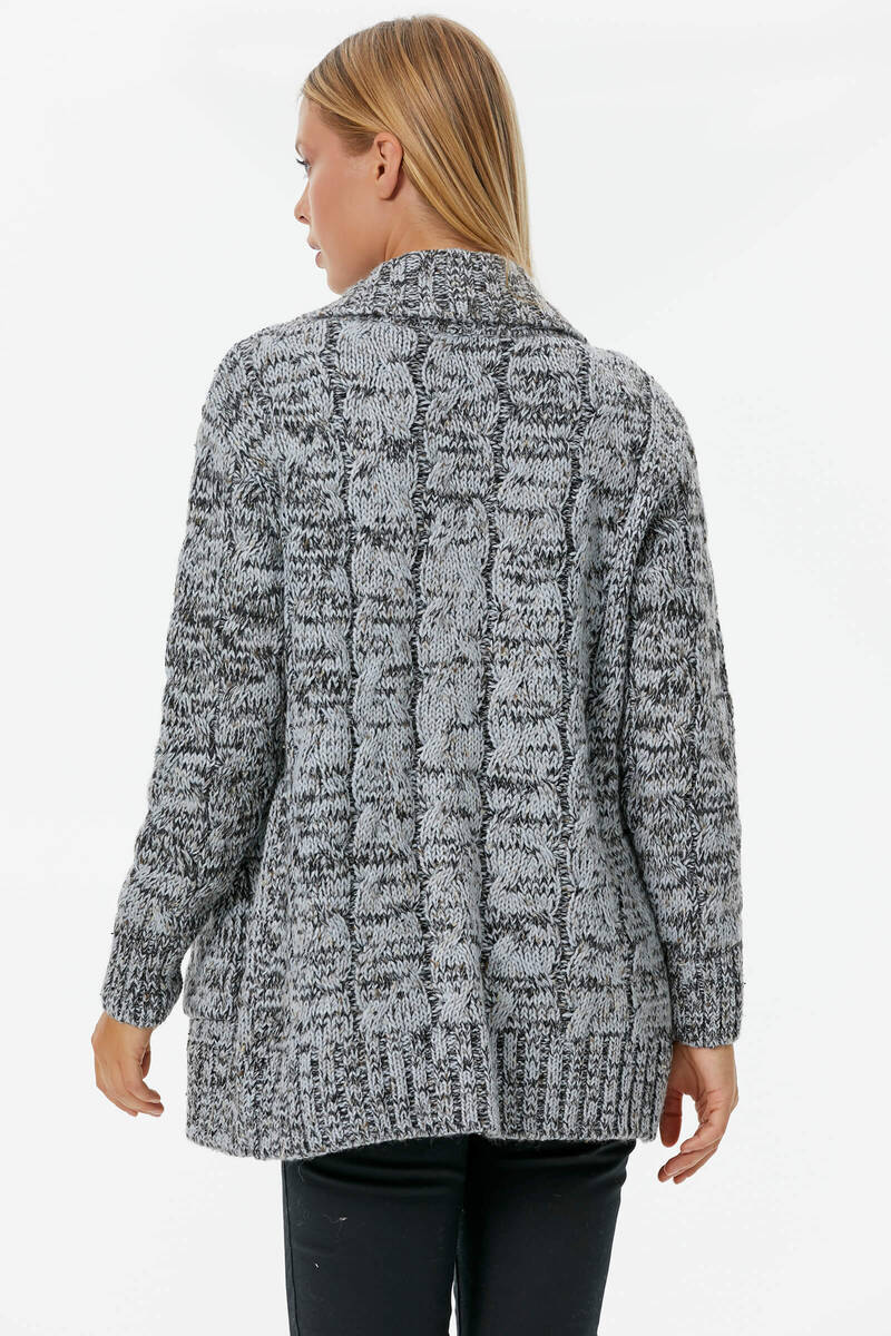 Şal Yaka Saç Örgülü Kırçıllı Triko Hırka - Mavi (5) Sementa