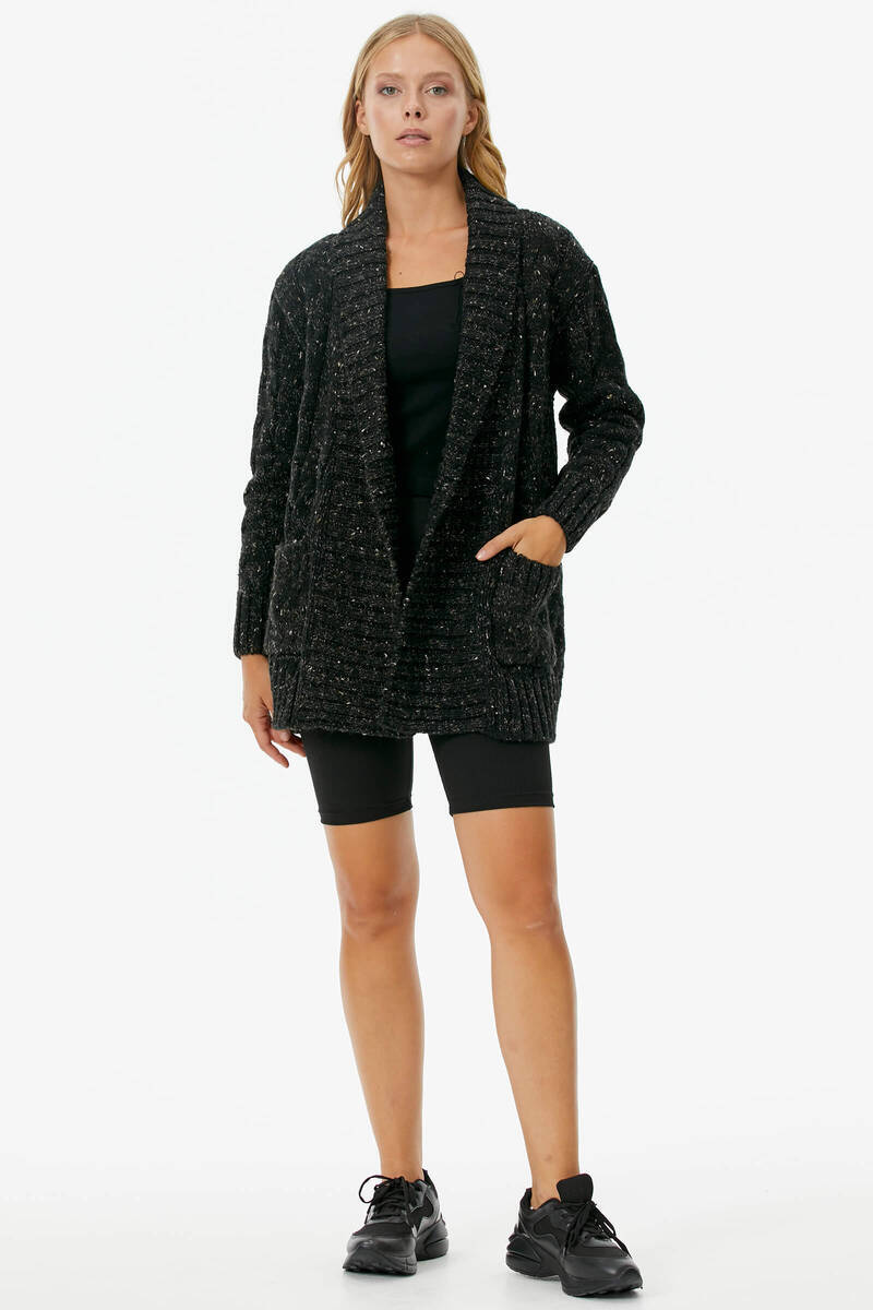 Şal Yaka Saç Örgülü Kırçıllı Triko Hırka - Siyah (2) Sementa