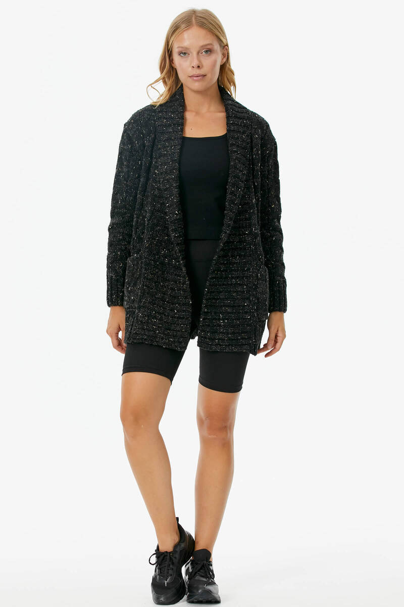 Şal Yaka Saç Örgülü Kırçıllı Triko Hırka - Siyah (3) Sementa