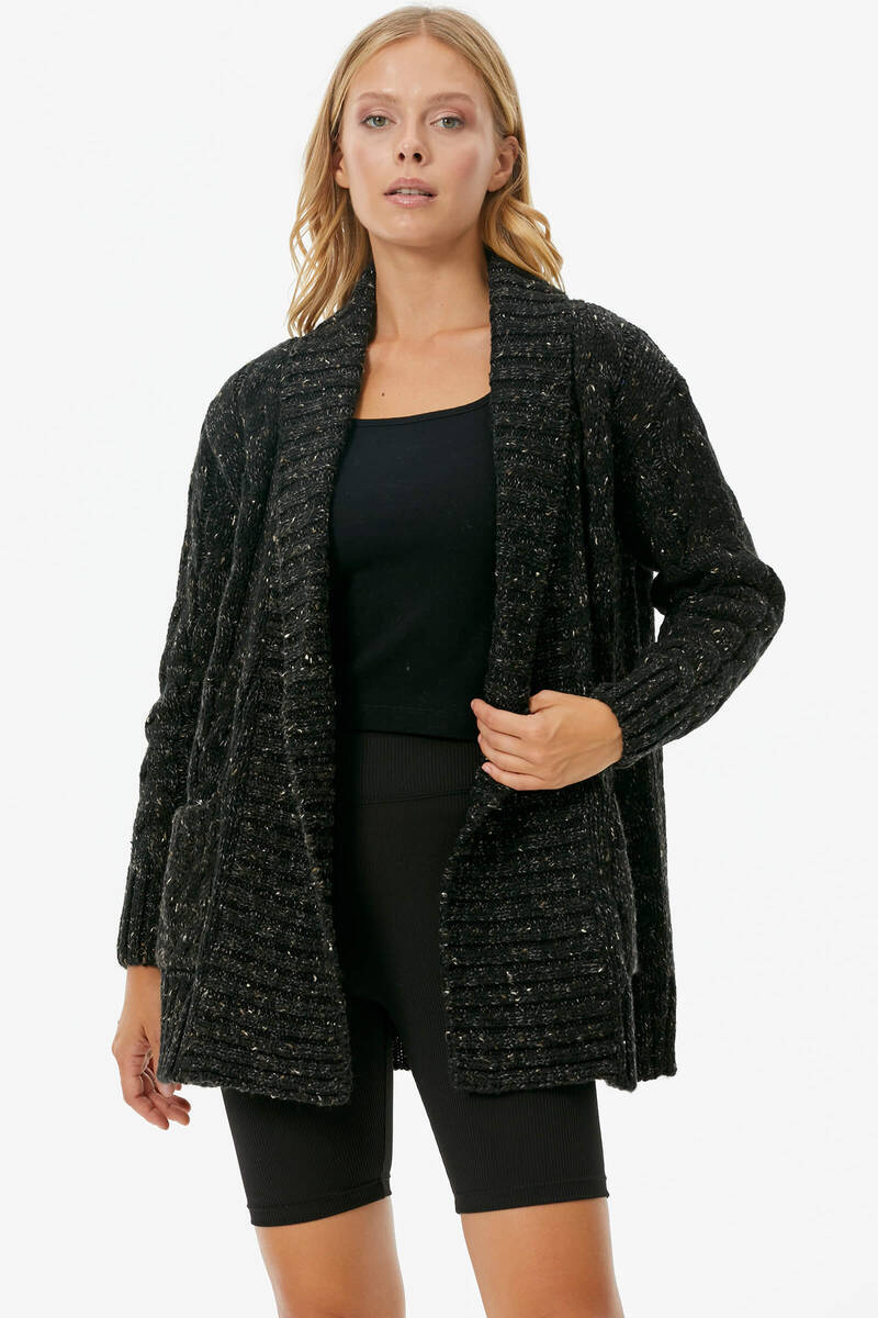 Şal Yaka Saç Örgülü Kırçıllı Triko Hırka - Siyah (4) Sementa