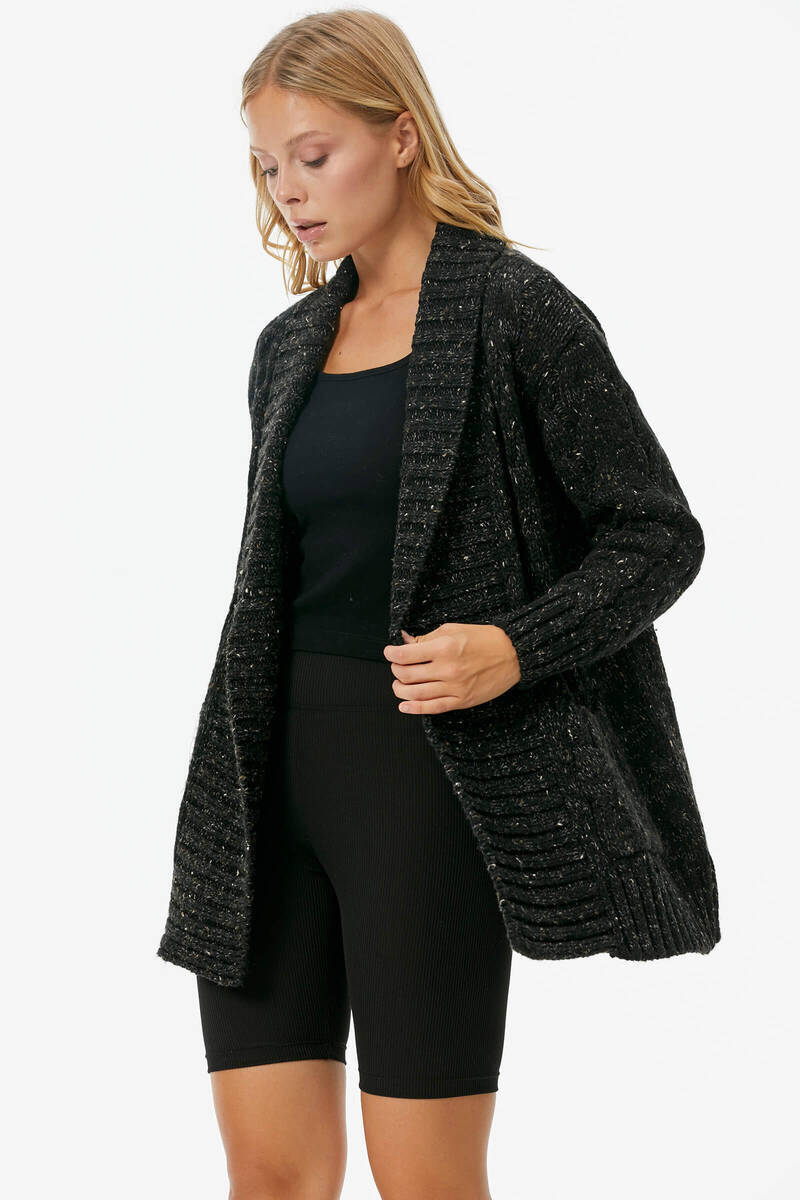 Şal Yaka Saç Örgülü Kırçıllı Triko Hırka - Siyah (5) Sementa