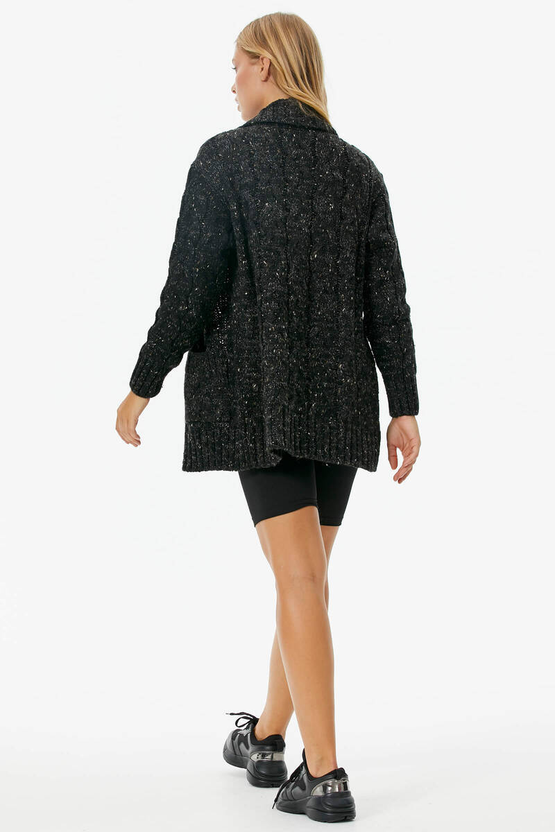 Şal Yaka Saç Örgülü Kırçıllı Triko Hırka - Siyah (6) Sementa