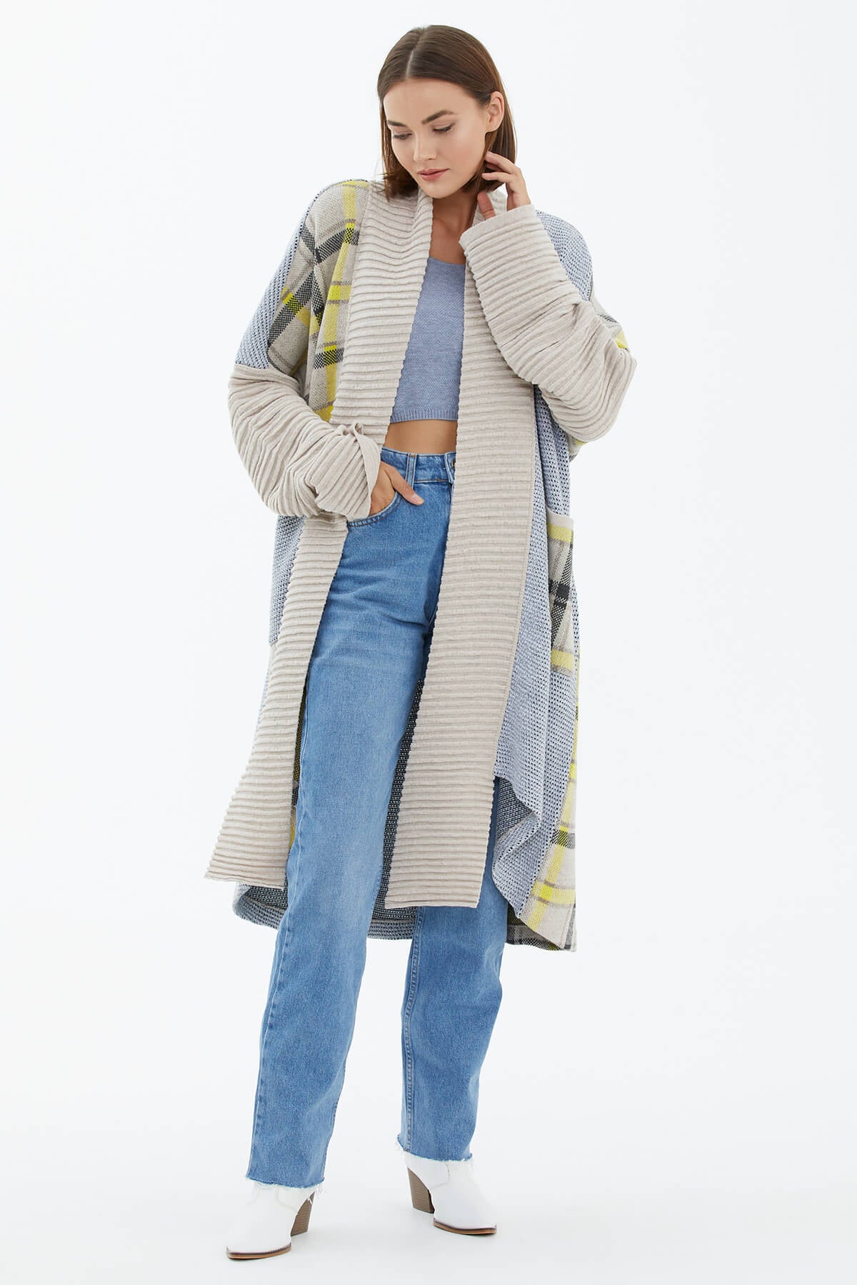 Şal Yaka Uzun Triko Hırka - Bej (3) Sementa