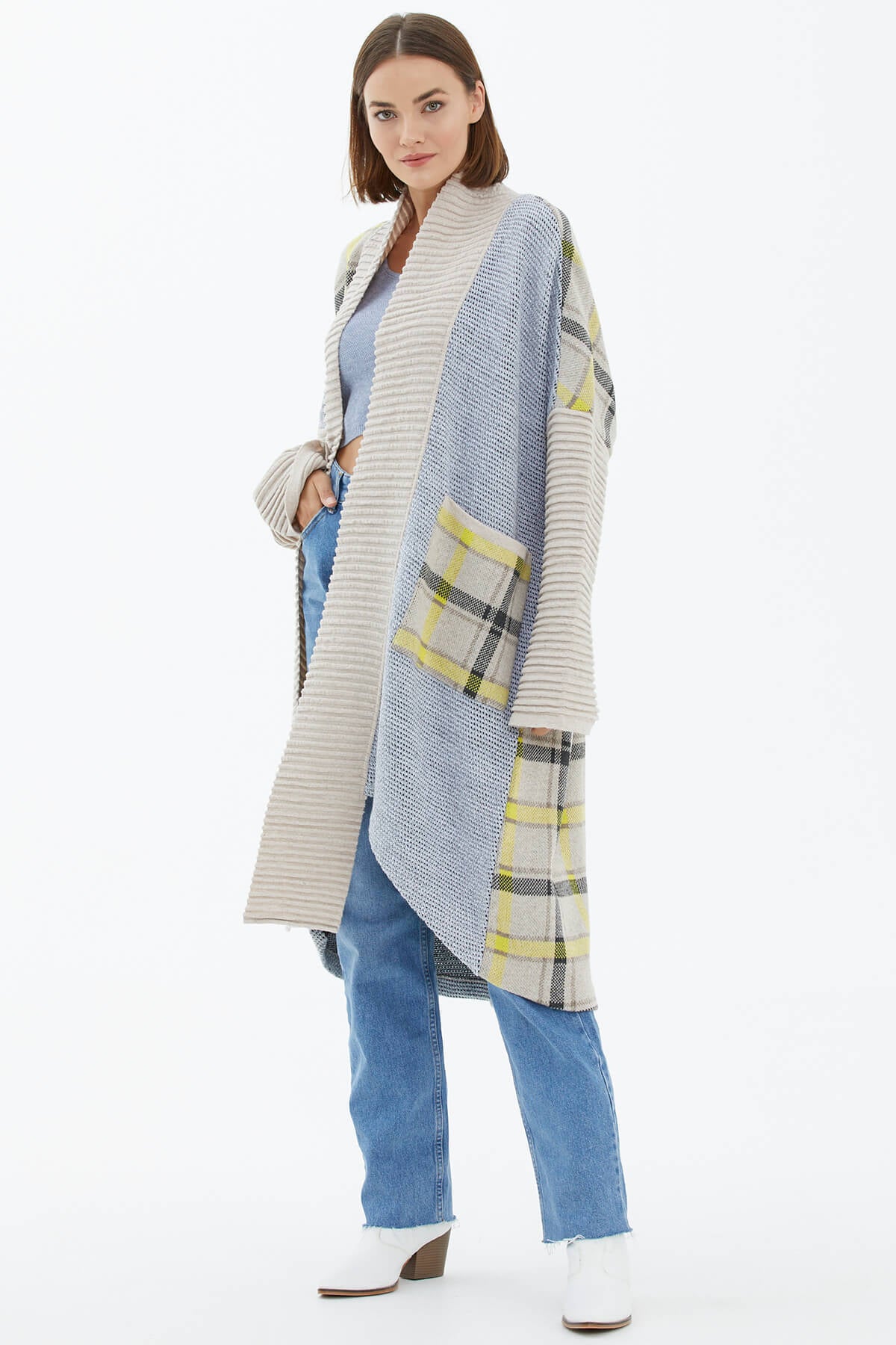 Şal Yaka Uzun Triko Hırka - Bej (4) Sementa