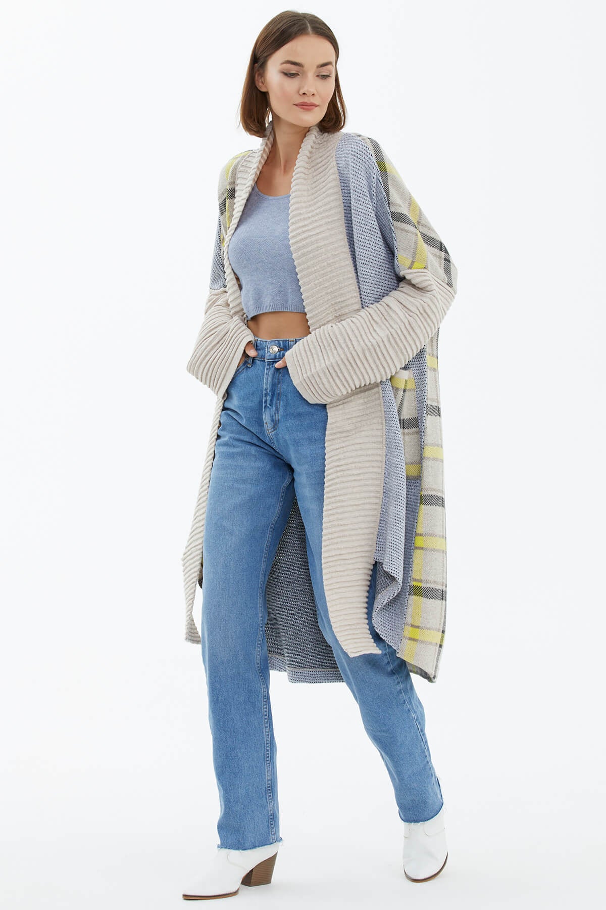 Şal Yaka Uzun Triko Hırka - Bej (5) Sementa