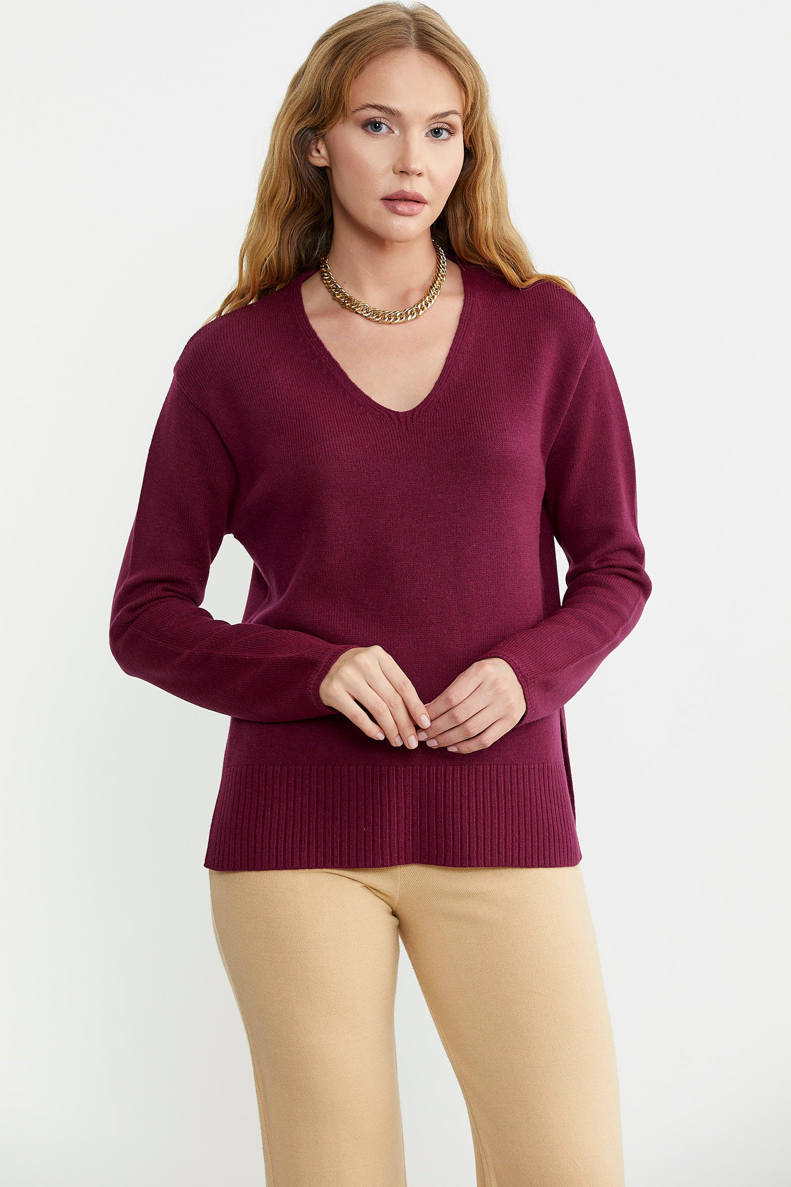 Salaş V Yaka Basic Triko Kazak - Bordo - Sementa