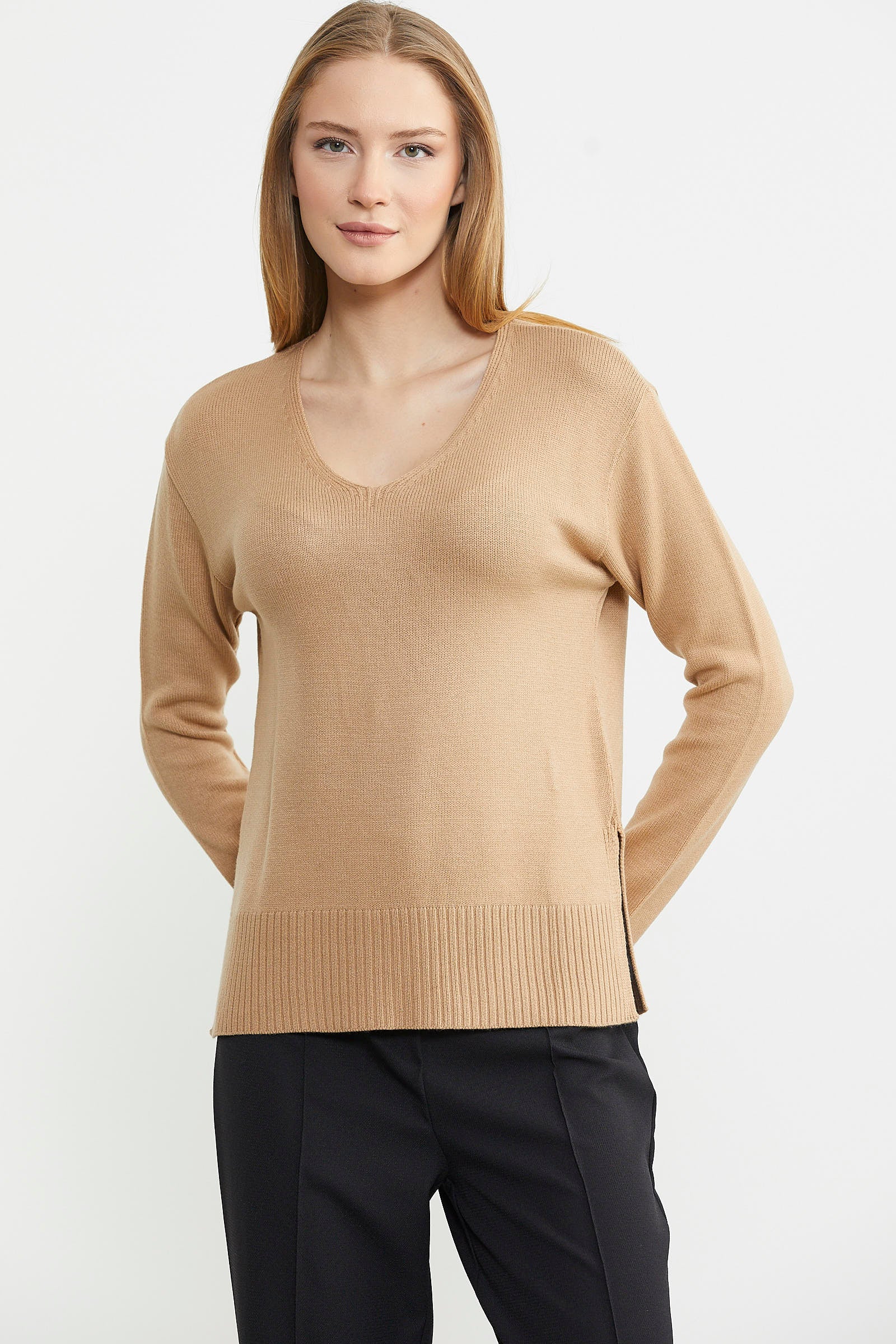 Salaş V Yaka Basic Triko Kazak - Kamel - Sementa