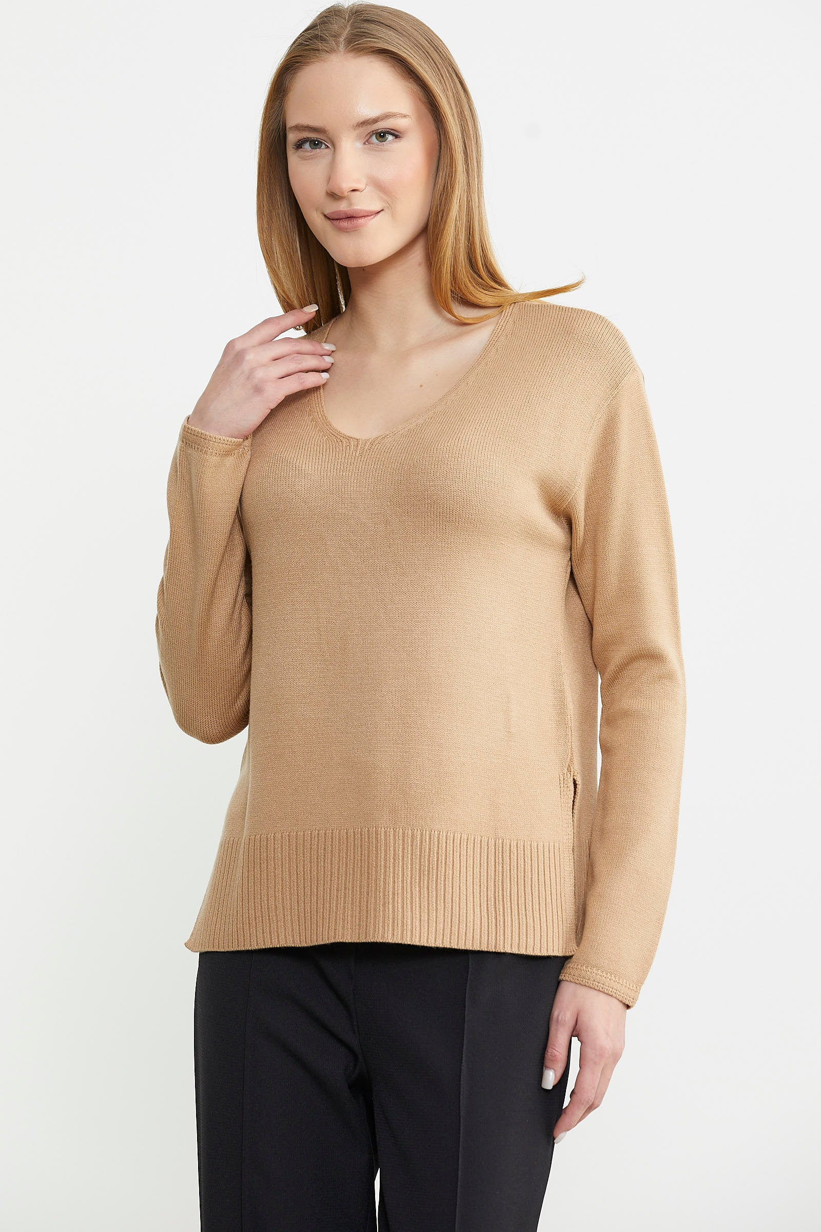 Salaş V Yaka Basic Triko Kazak - Kamel - Sementa