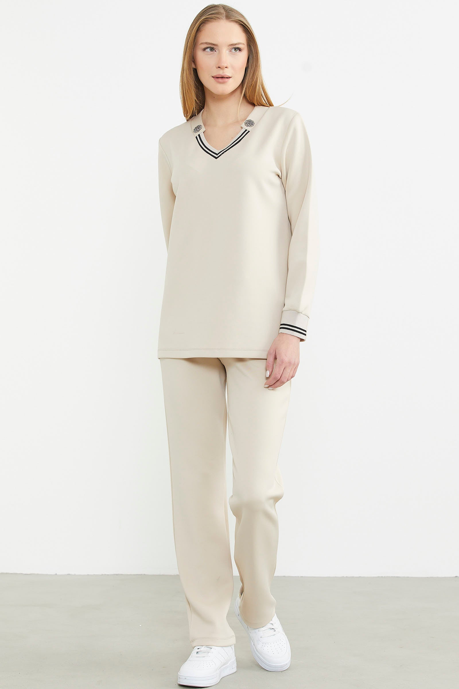 Scuba Yaka Detaylı Eşofman Takım - Bej - Sementa