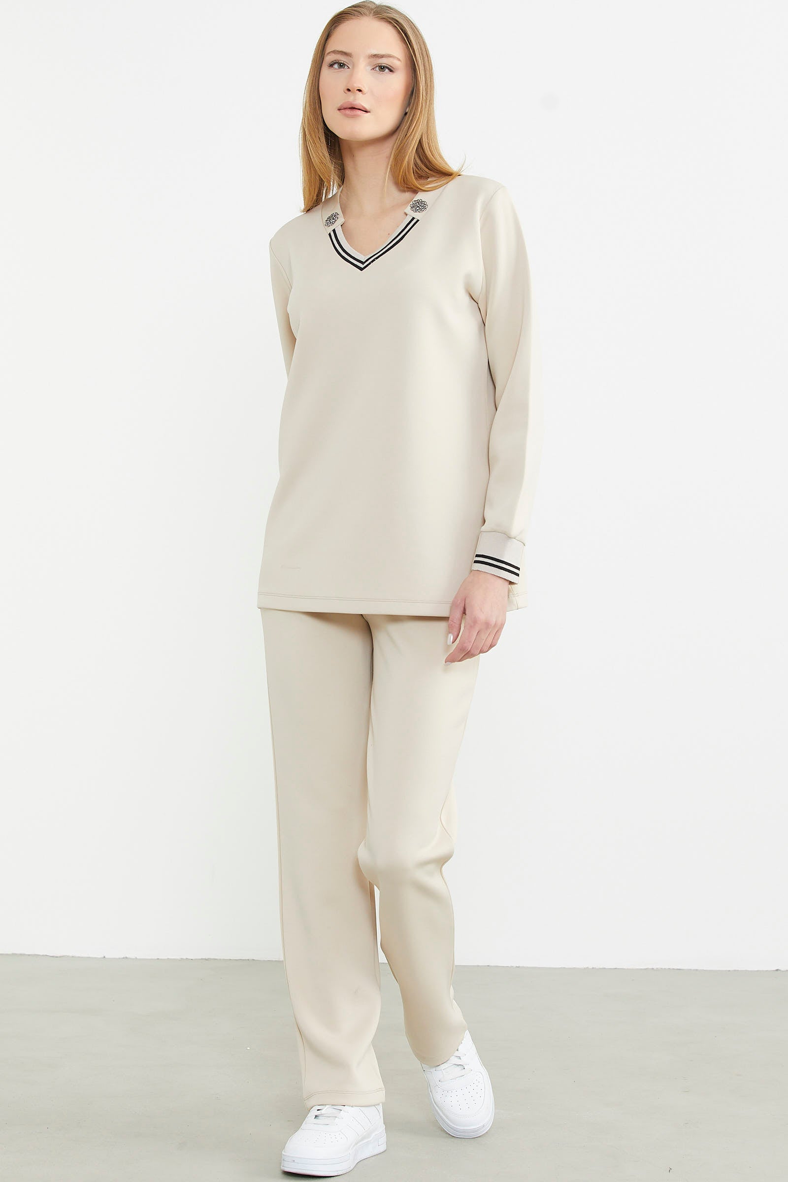 Scuba Yaka Detaylı Eşofman Takım - Bej - Sementa