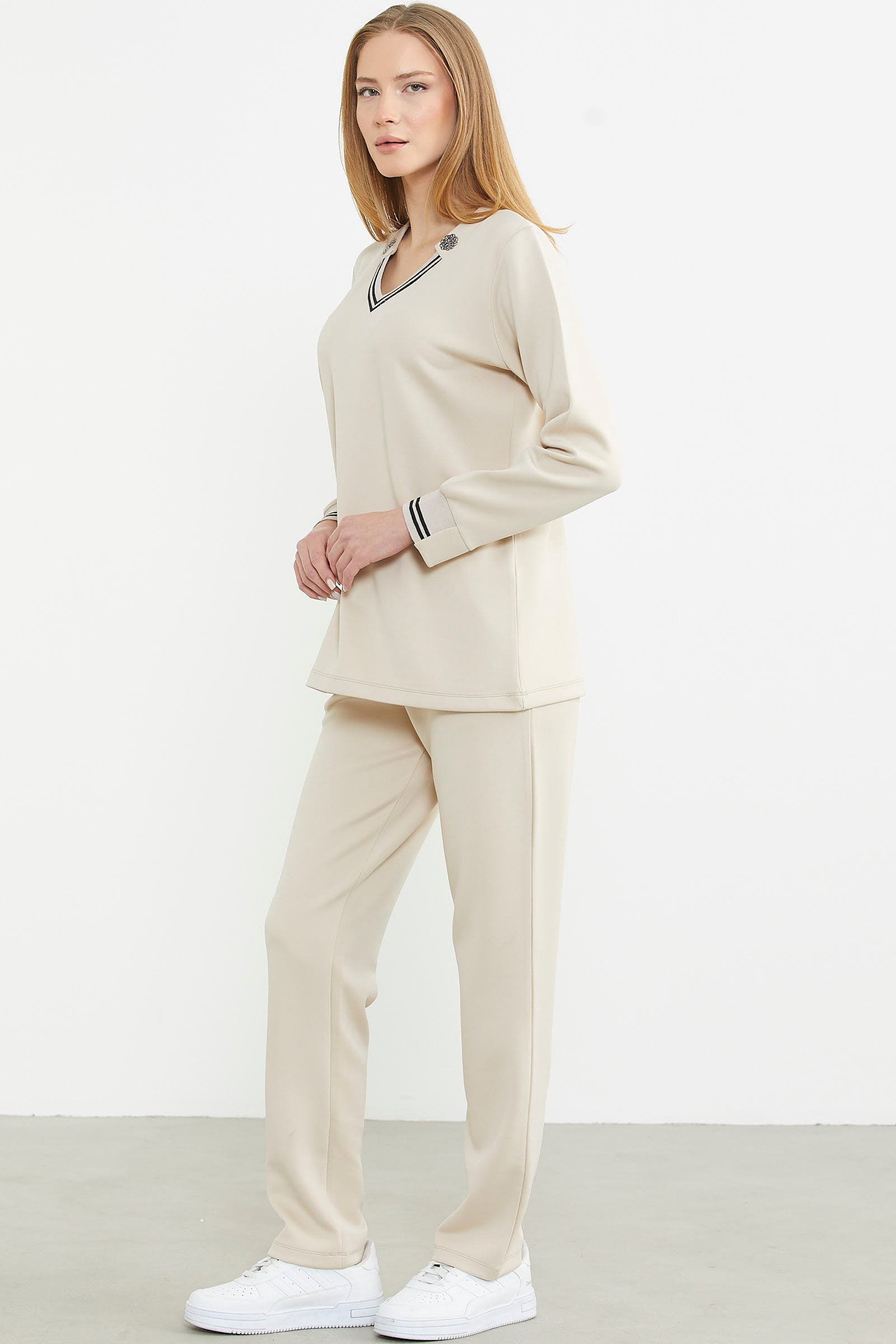 Scuba Yaka Detaylı Eşofman Takım - Bej - Sementa