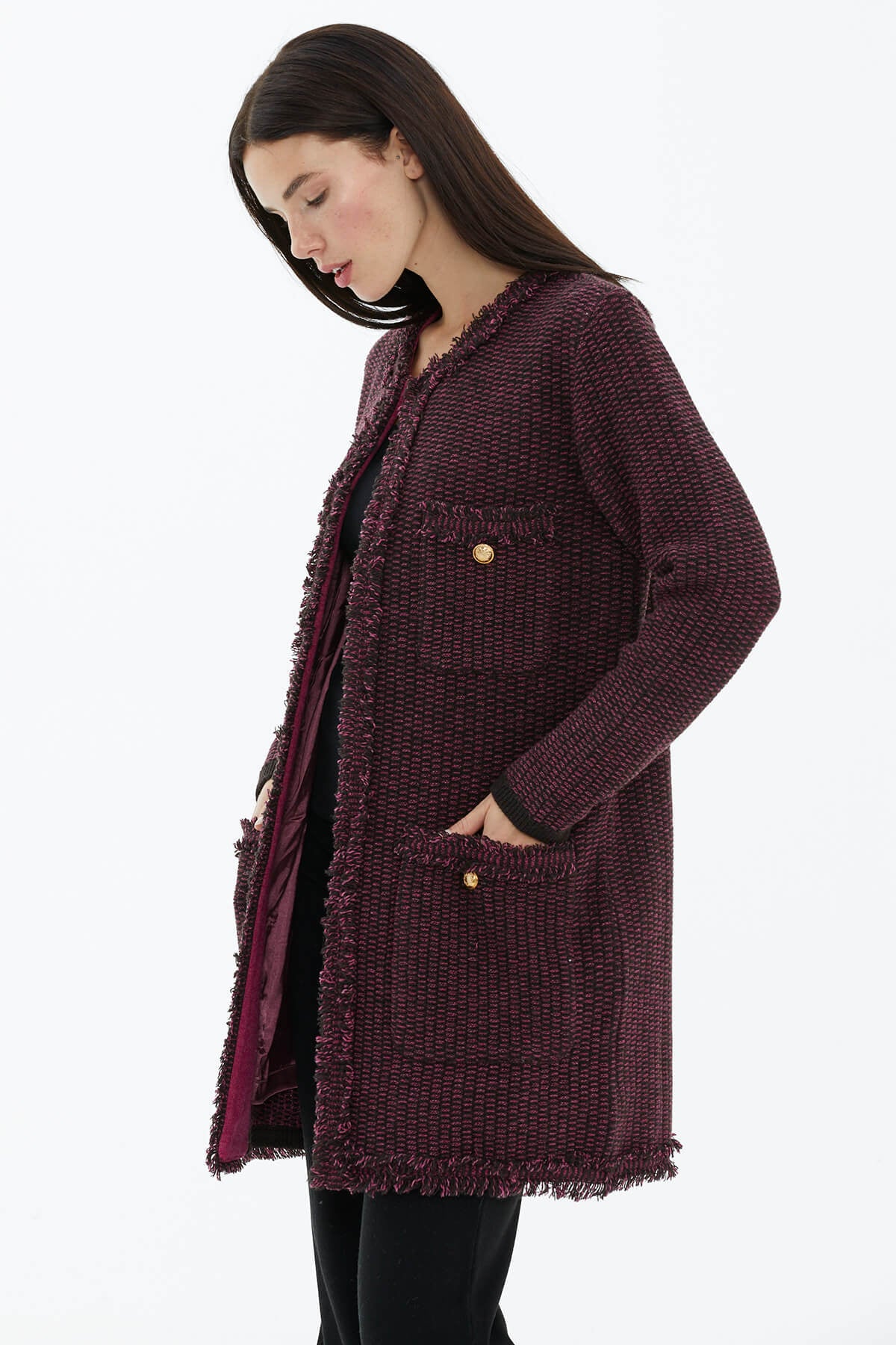 Sıfır Yaka Astarlı Triko Ceket - Kahve - Fuşya (3) Sementa