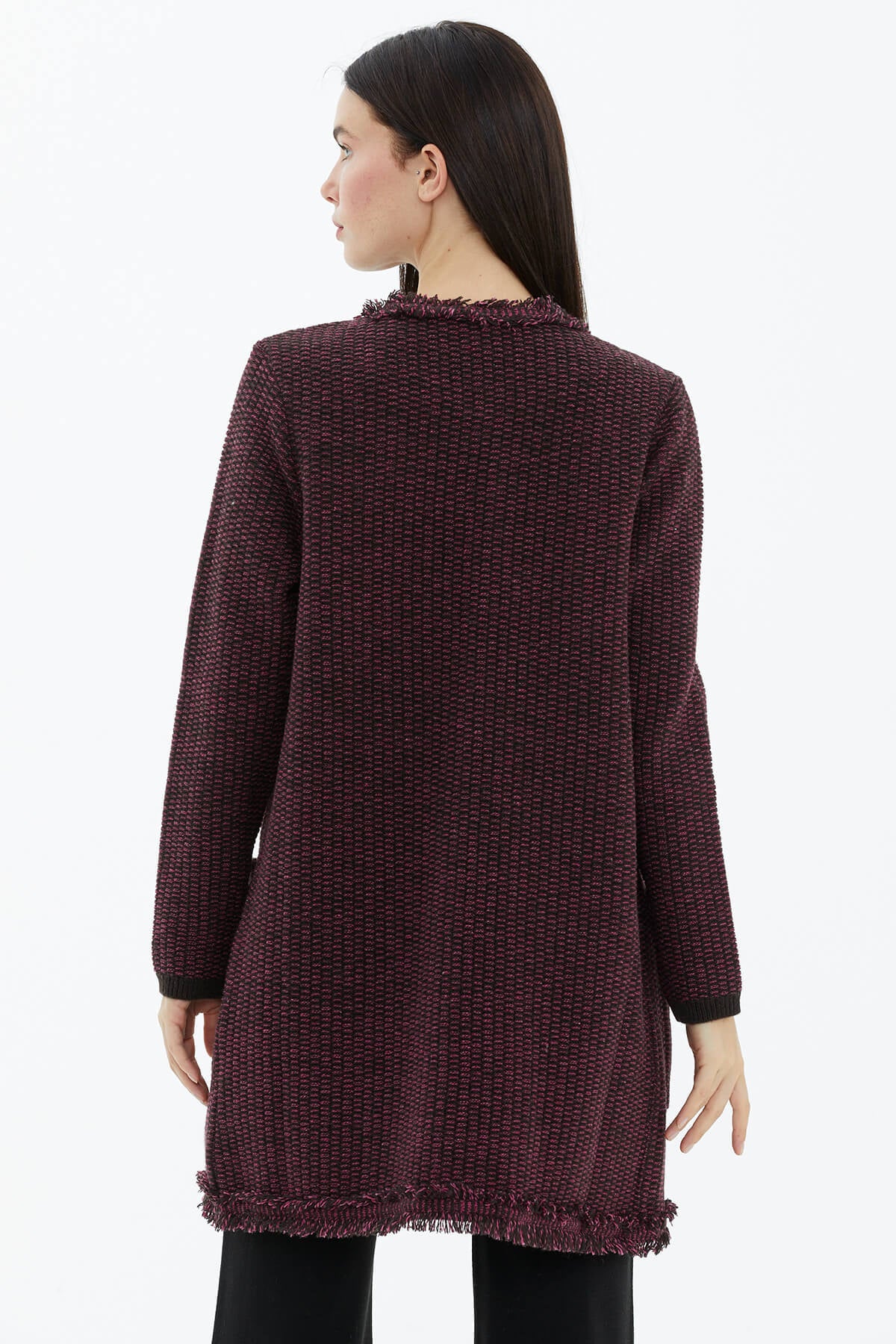 Sıfır Yaka Astarlı Triko Ceket - Kahve - Fuşya (4) Sementa