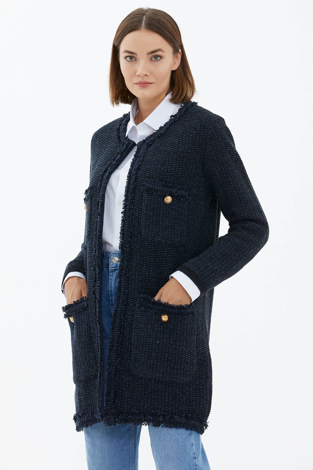 Sıfır Yaka Astarlı Triko Ceket - Lacivert - Siyah (3) Sementa