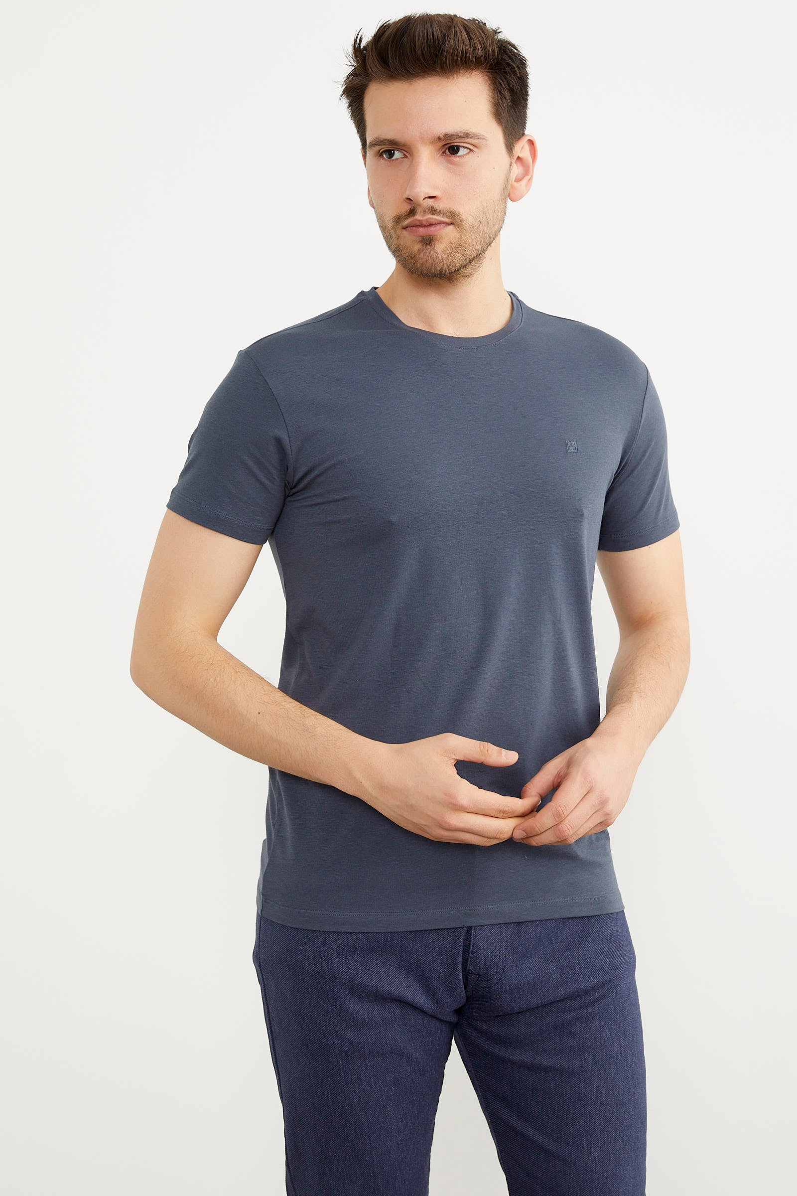 Sıfır Yaka Basic Tişört - Füme (2) Sementa