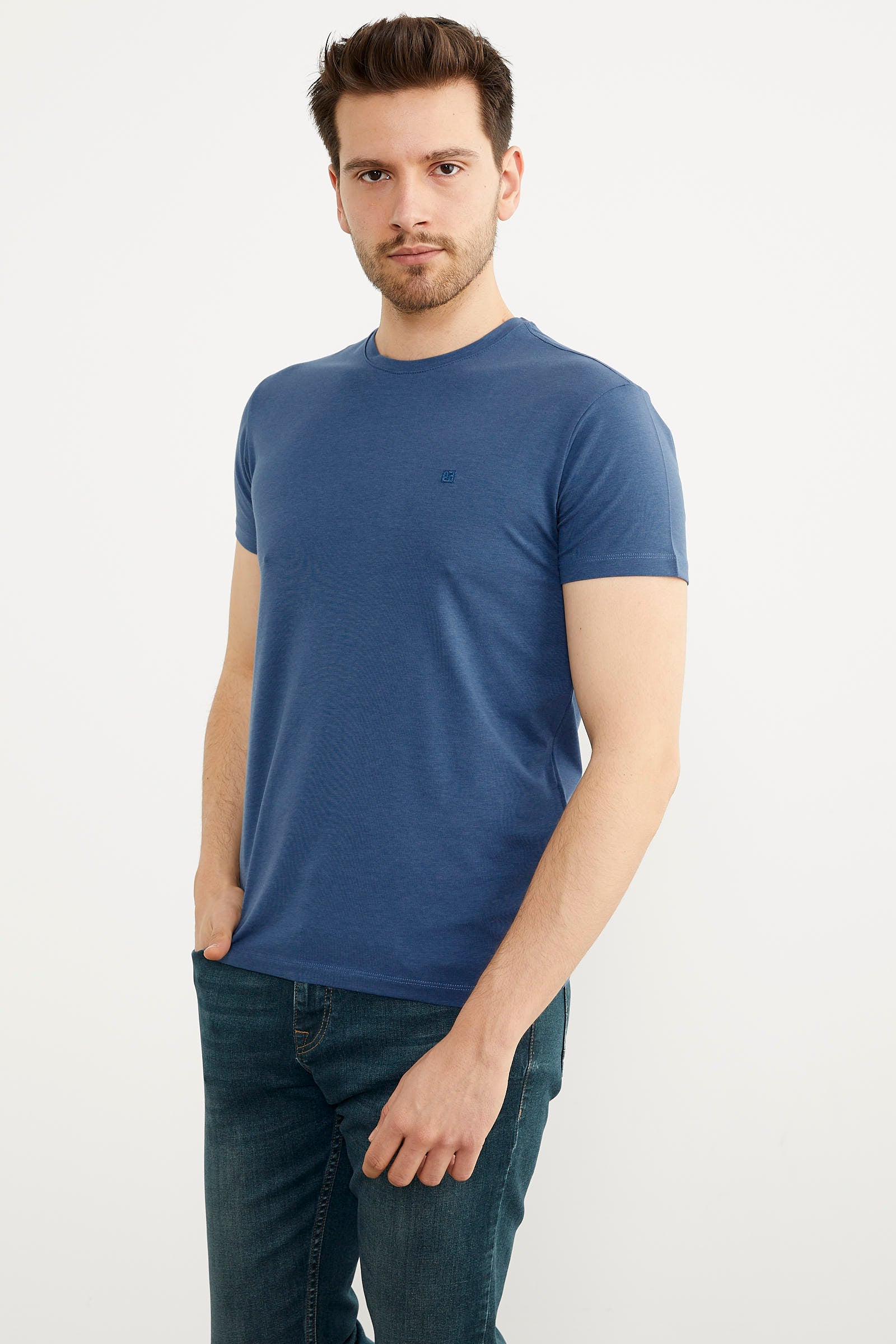 Sıfır Yaka Basic Tişört - Mavi (2) Sementa