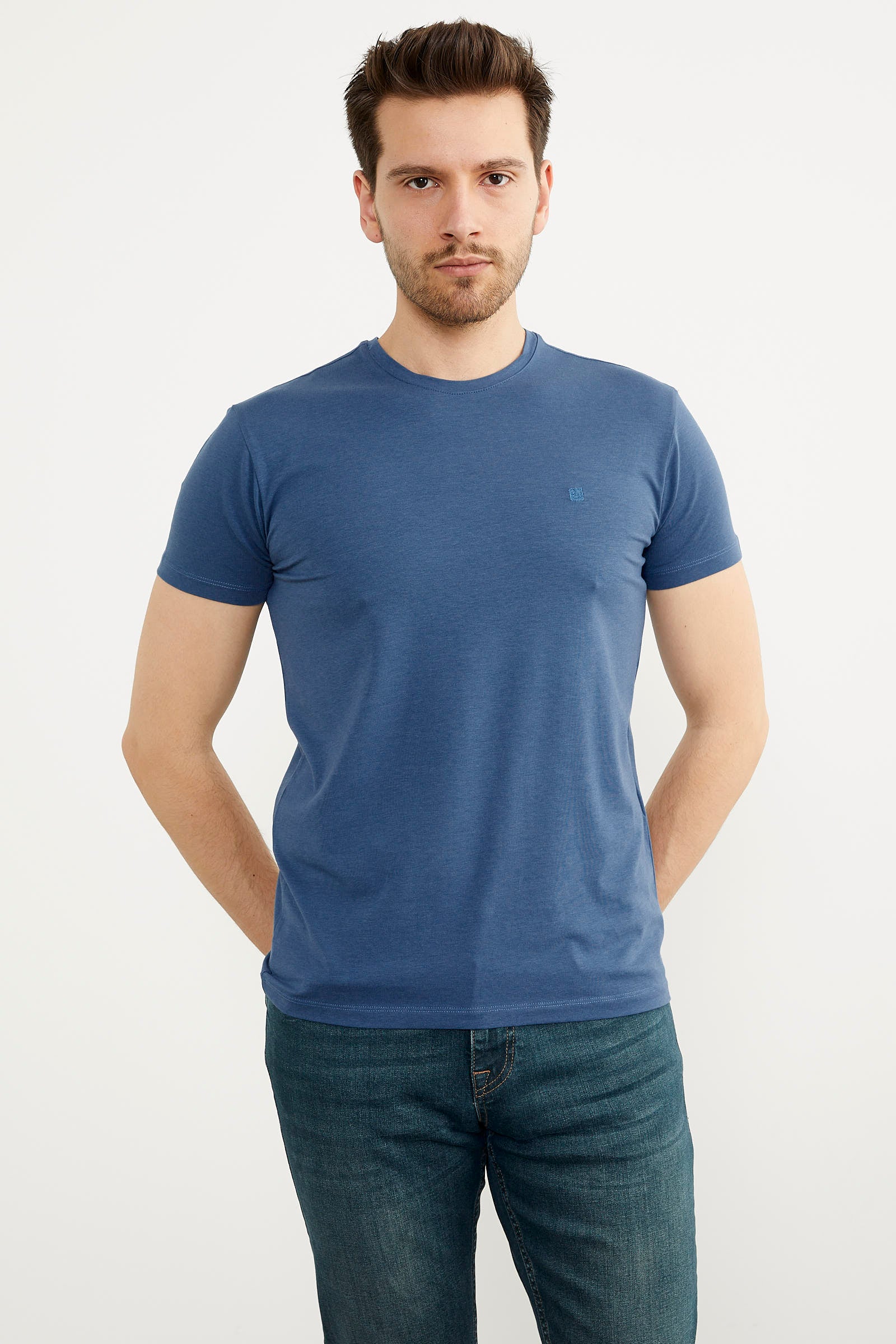 Sıfır Yaka Basic Tişört - Mavi (3) Sementa