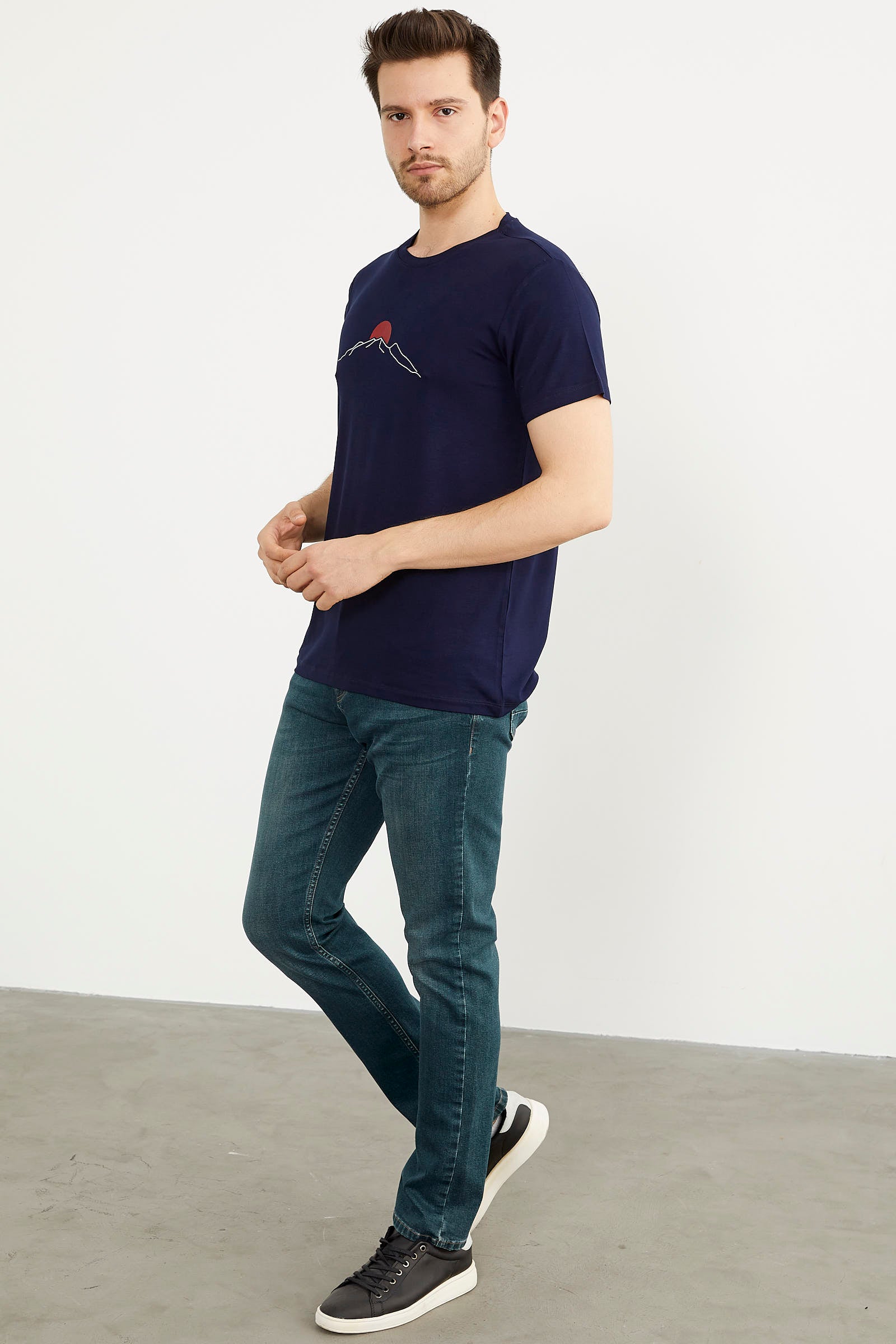 Sıfır Yaka Baskılı Kısa Kol Tişört - Lacivert (3) Sementa