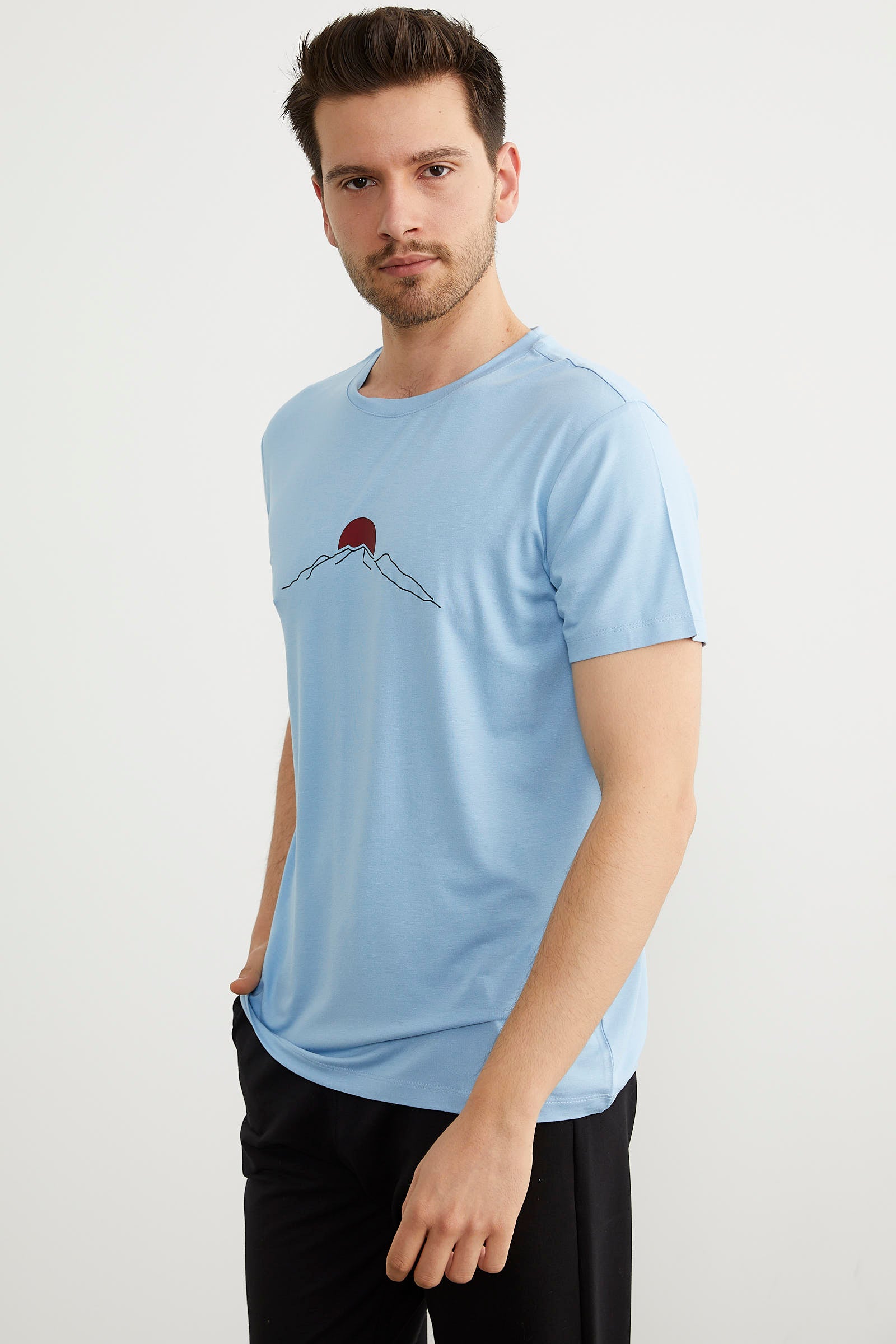 Sıfır Yaka Baskılı Kısa Kol Tişört - Mavi (2) Sementa