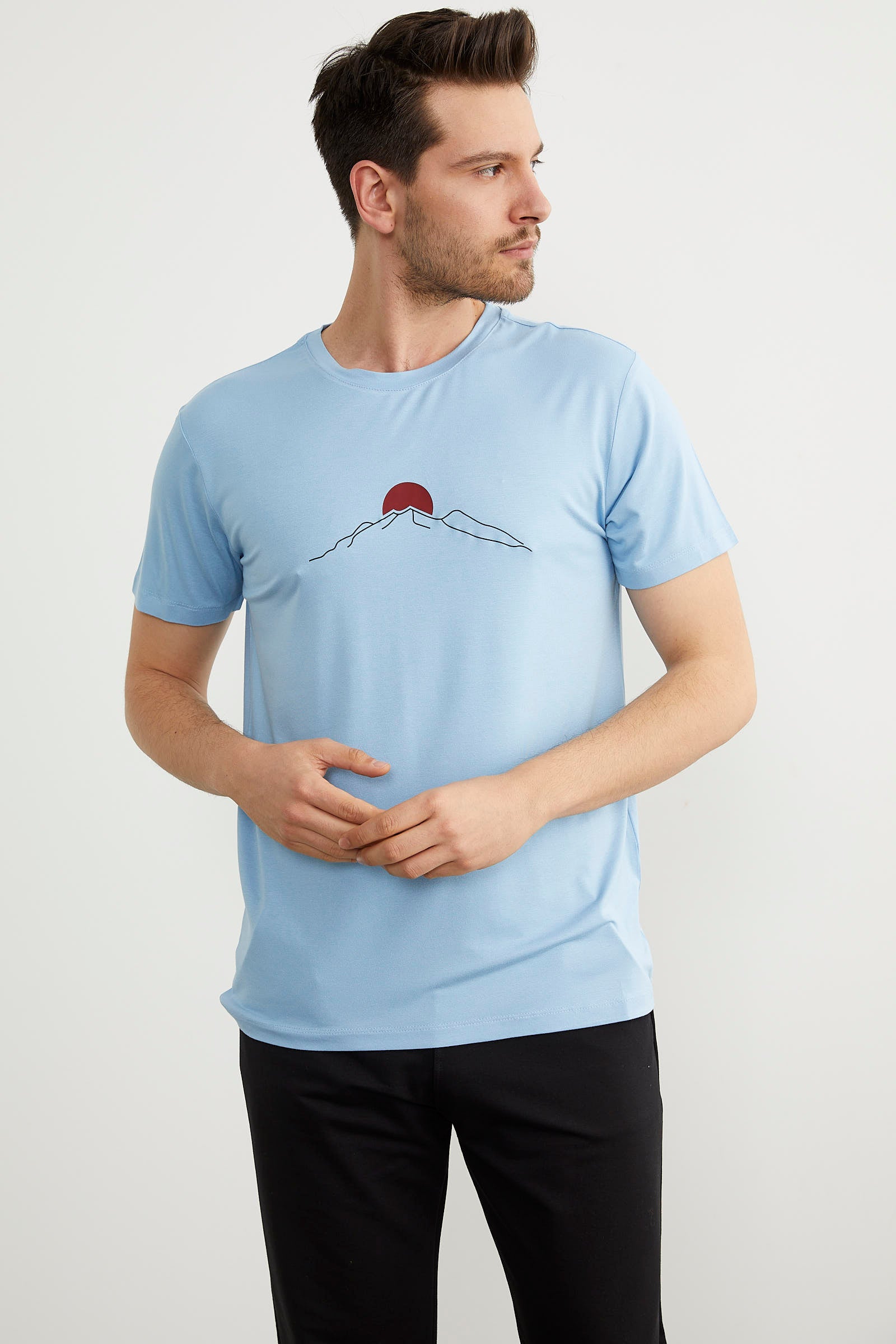 Sıfır Yaka Baskılı Kısa Kol Tişört - Mavi (3) Sementa