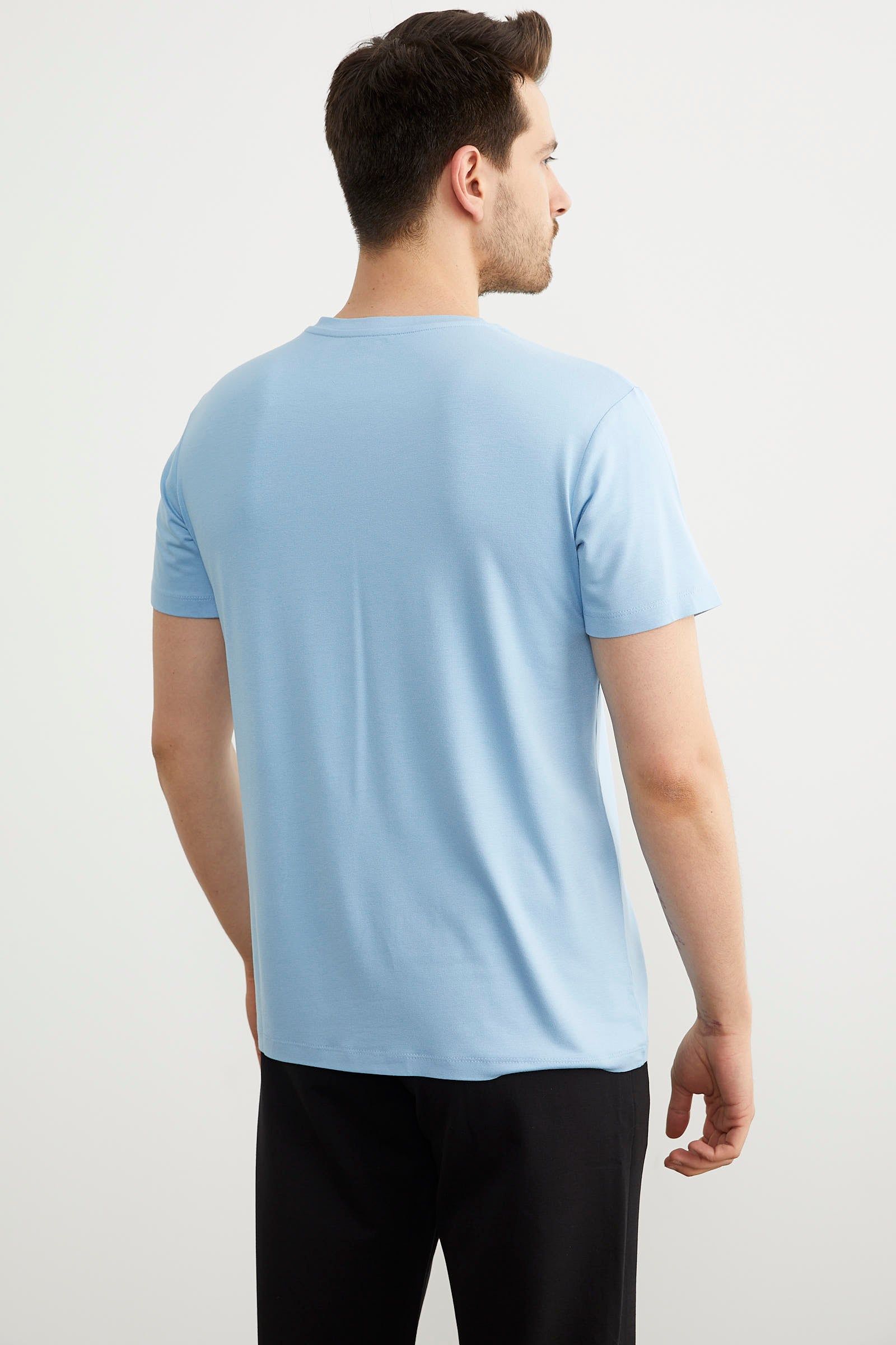 Sıfır Yaka Baskılı Kısa Kol Tişört - Mavi (4) Sementa