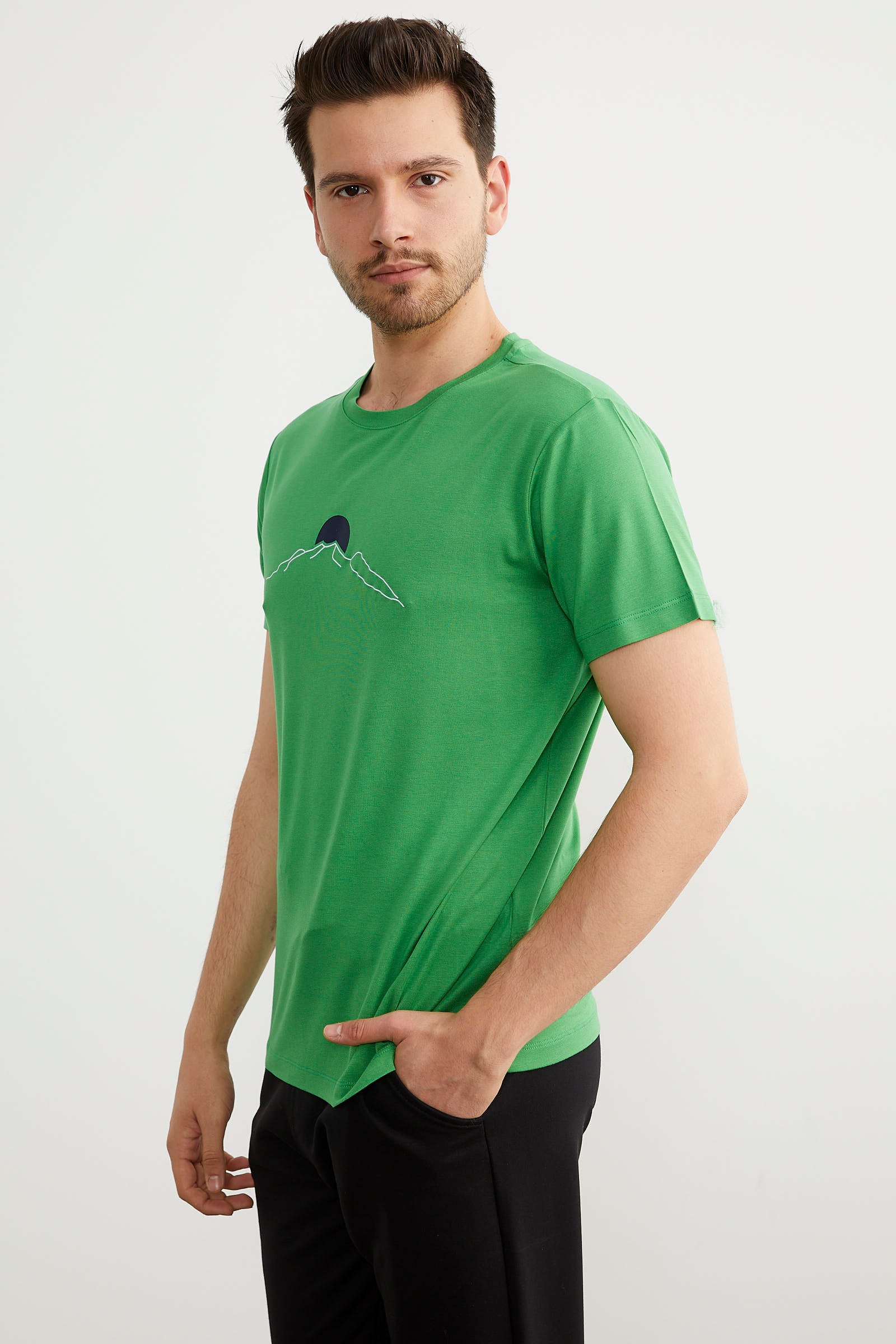 Sıfır Yaka Baskılı Kısa Kol Tişört - Yeşil (2) Sementa