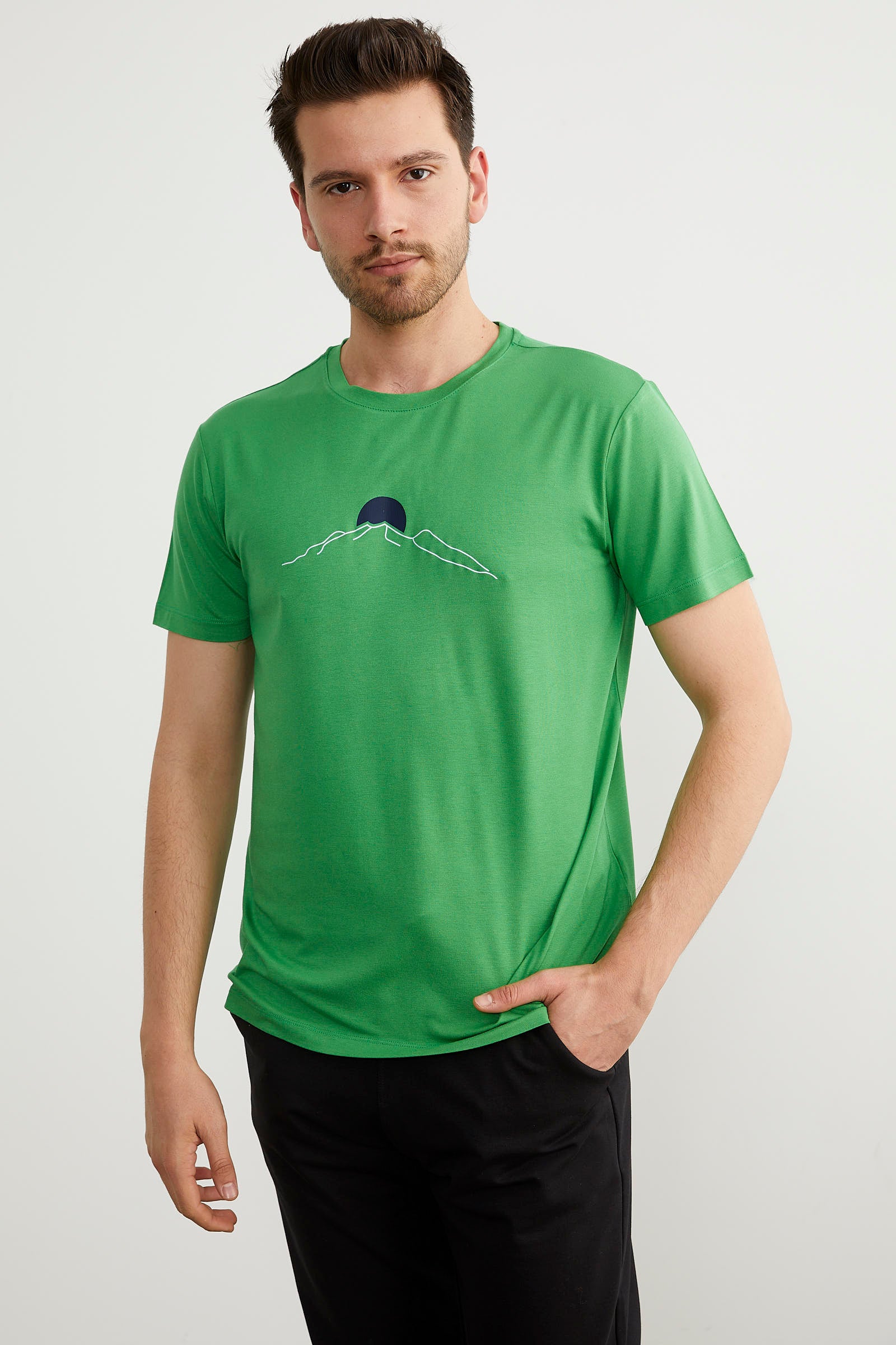 Sıfır Yaka Baskılı Kısa Kol Tişört - Yeşil (4) Sementa