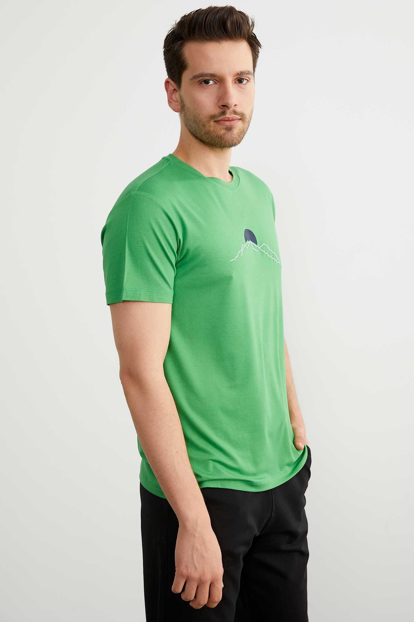 Sıfır Yaka Baskılı Kısa Kol Tişört - Yeşil (5) Sementa