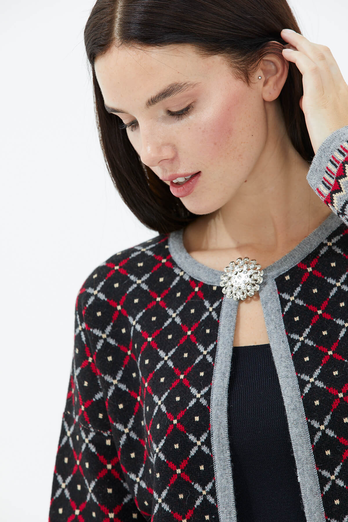 Sıfır Yaka Broşlu Triko Hırka - Gri (3) Sementa