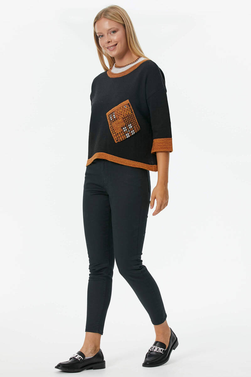 Sıfır Yaka Cep Detaylı Triko Kazak - Siyah (2) Sementa