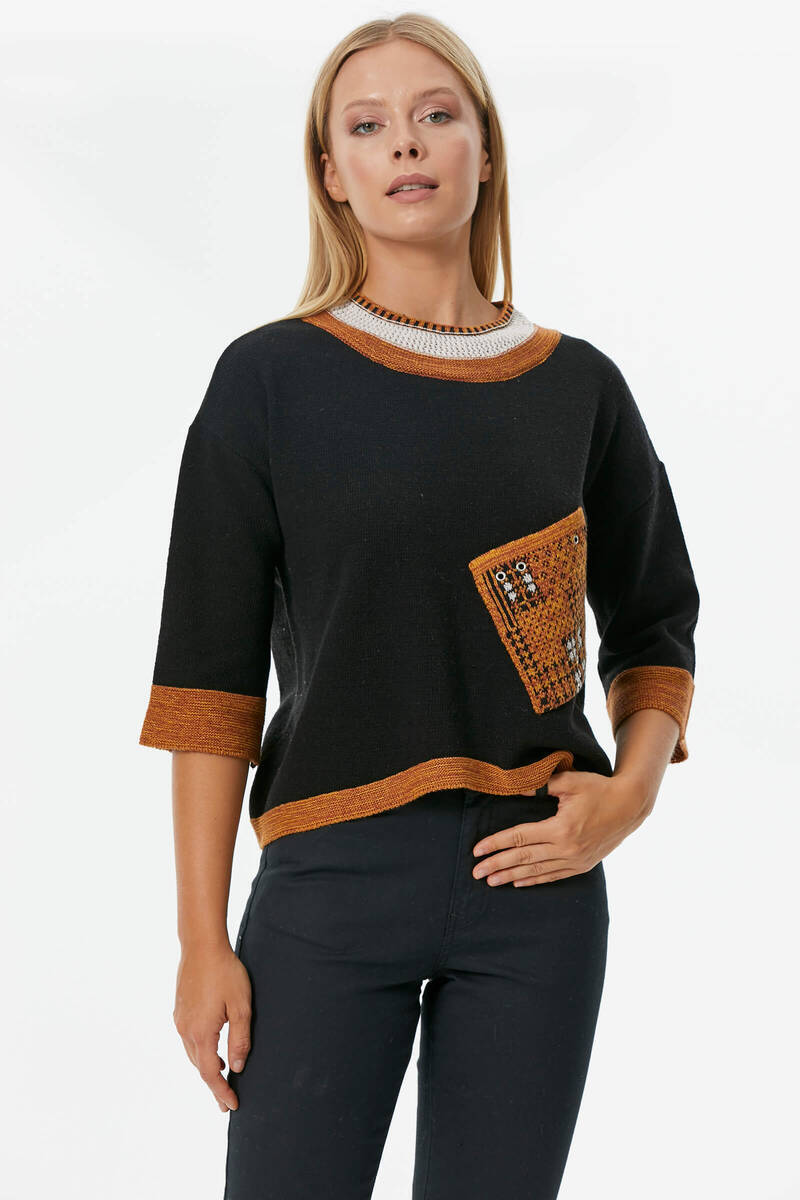 Sıfır Yaka Cep Detaylı Triko Kazak - Siyah (3) Sementa