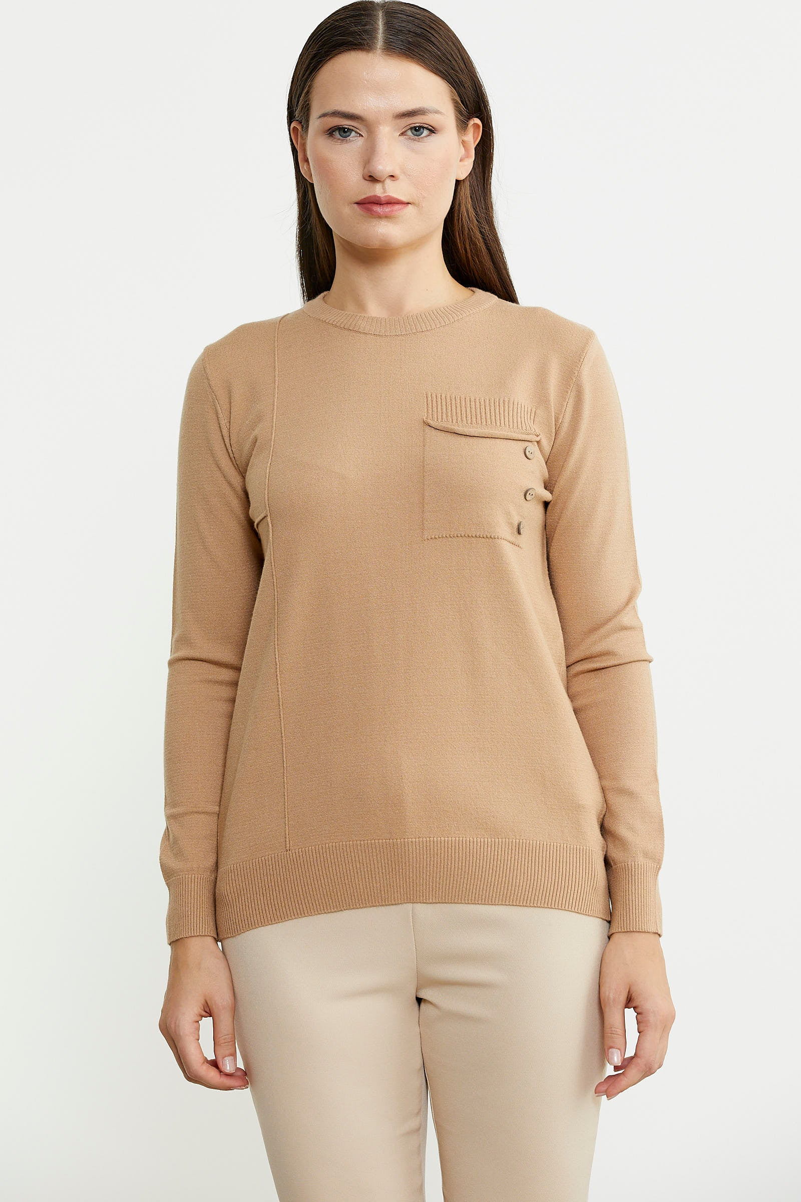 Sıfır Yaka Cepli Düğmeli Triko Kazak - Bej - Sementa