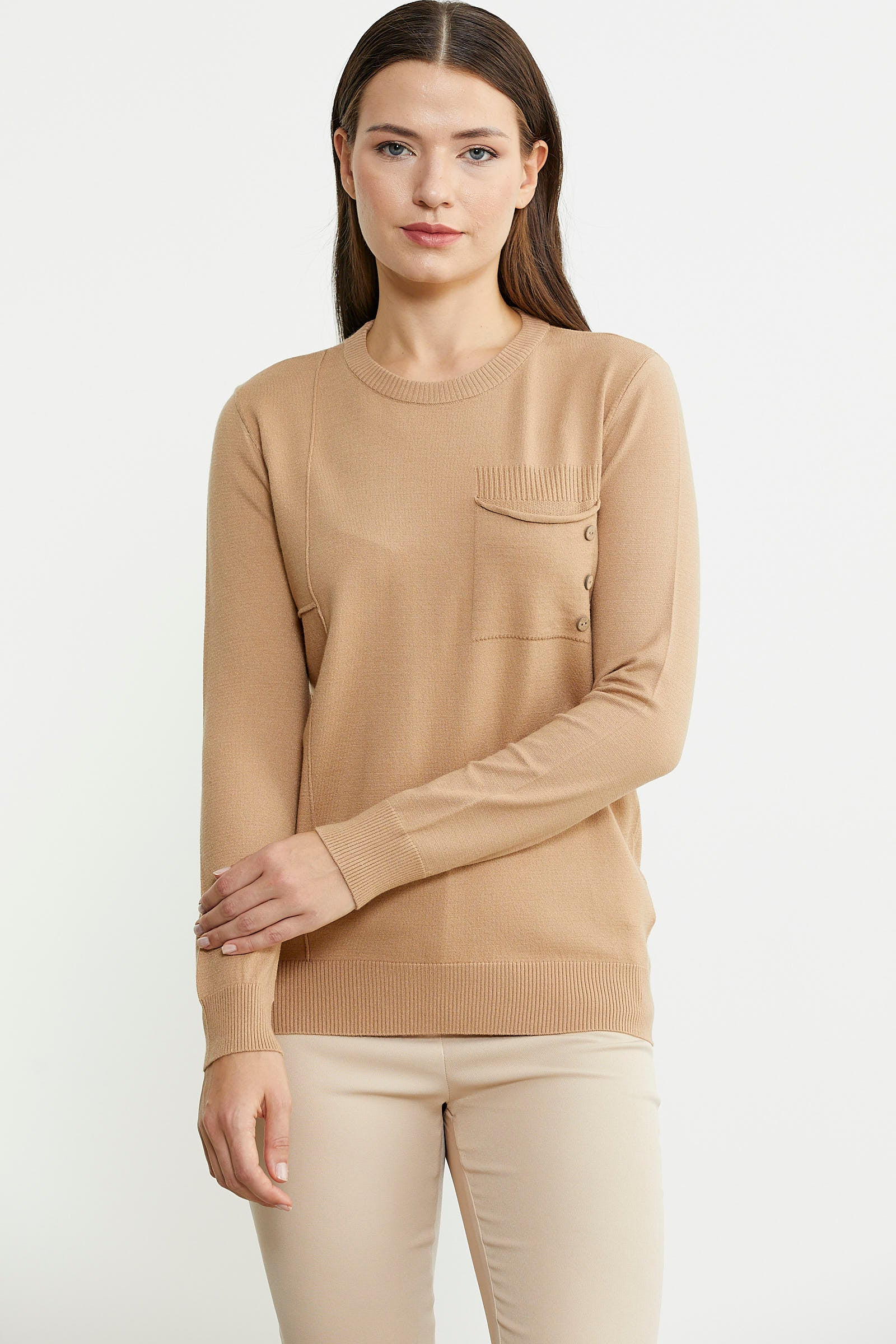 Sıfır Yaka Cepli Düğmeli Triko Kazak - Bej - Sementa