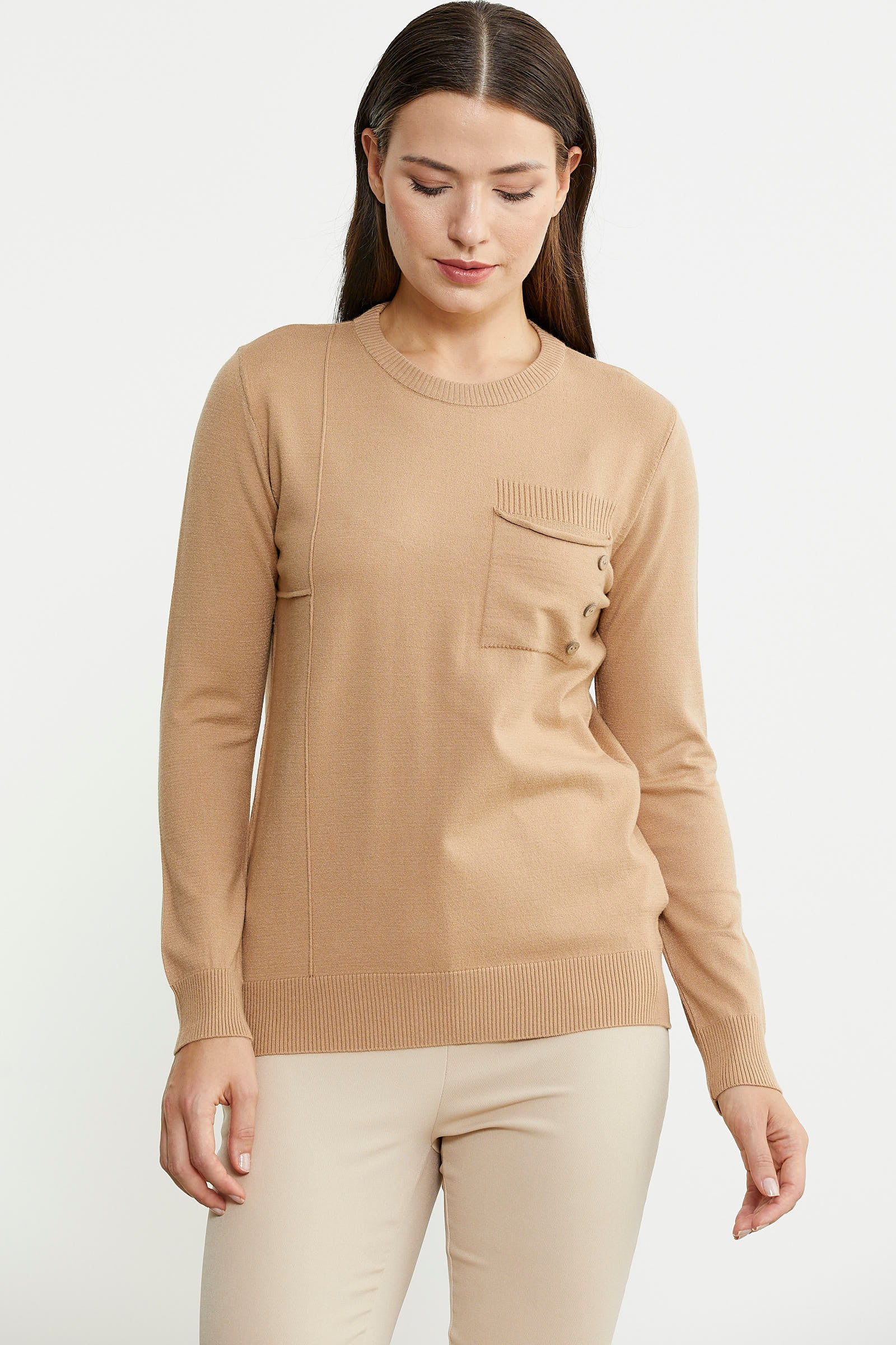 Sıfır Yaka Cepli Düğmeli Triko Kazak - Bej - Sementa