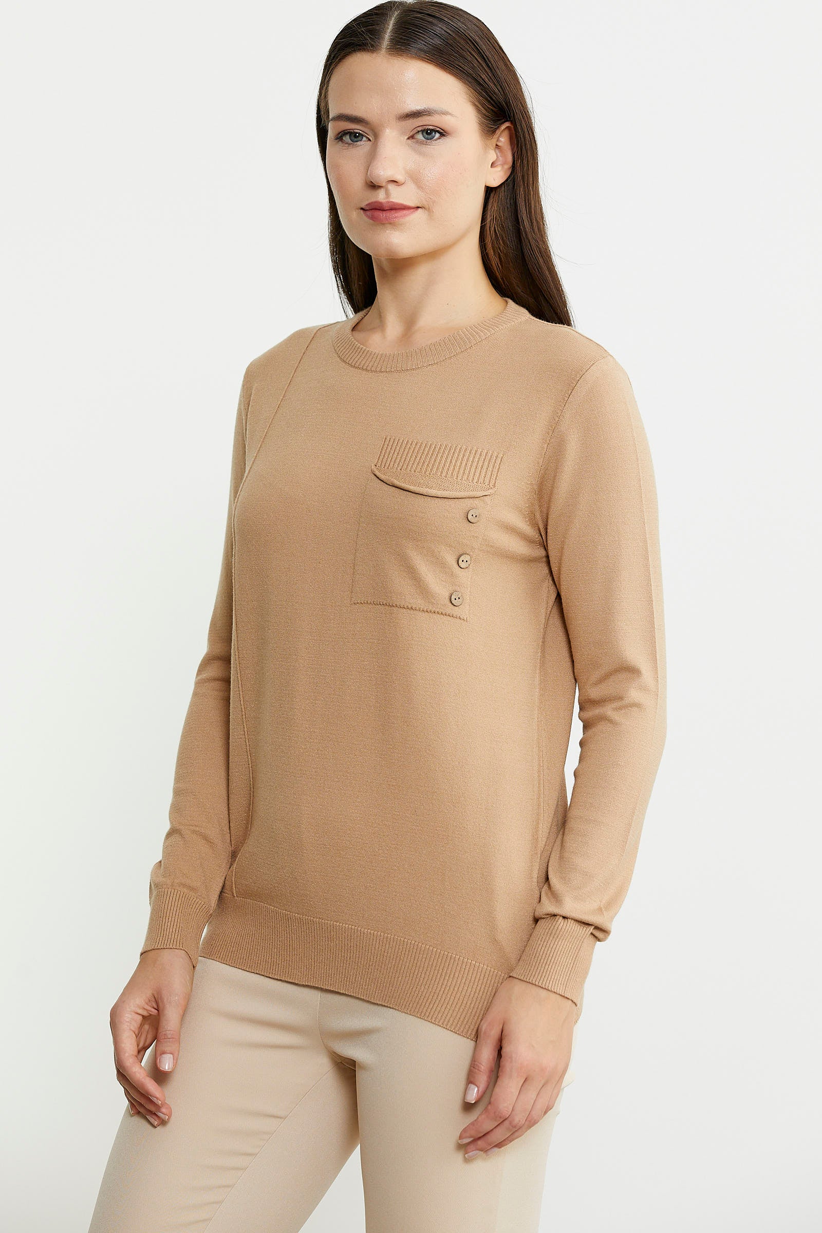 Sıfır Yaka Cepli Düğmeli Triko Kazak - Bej - Sementa