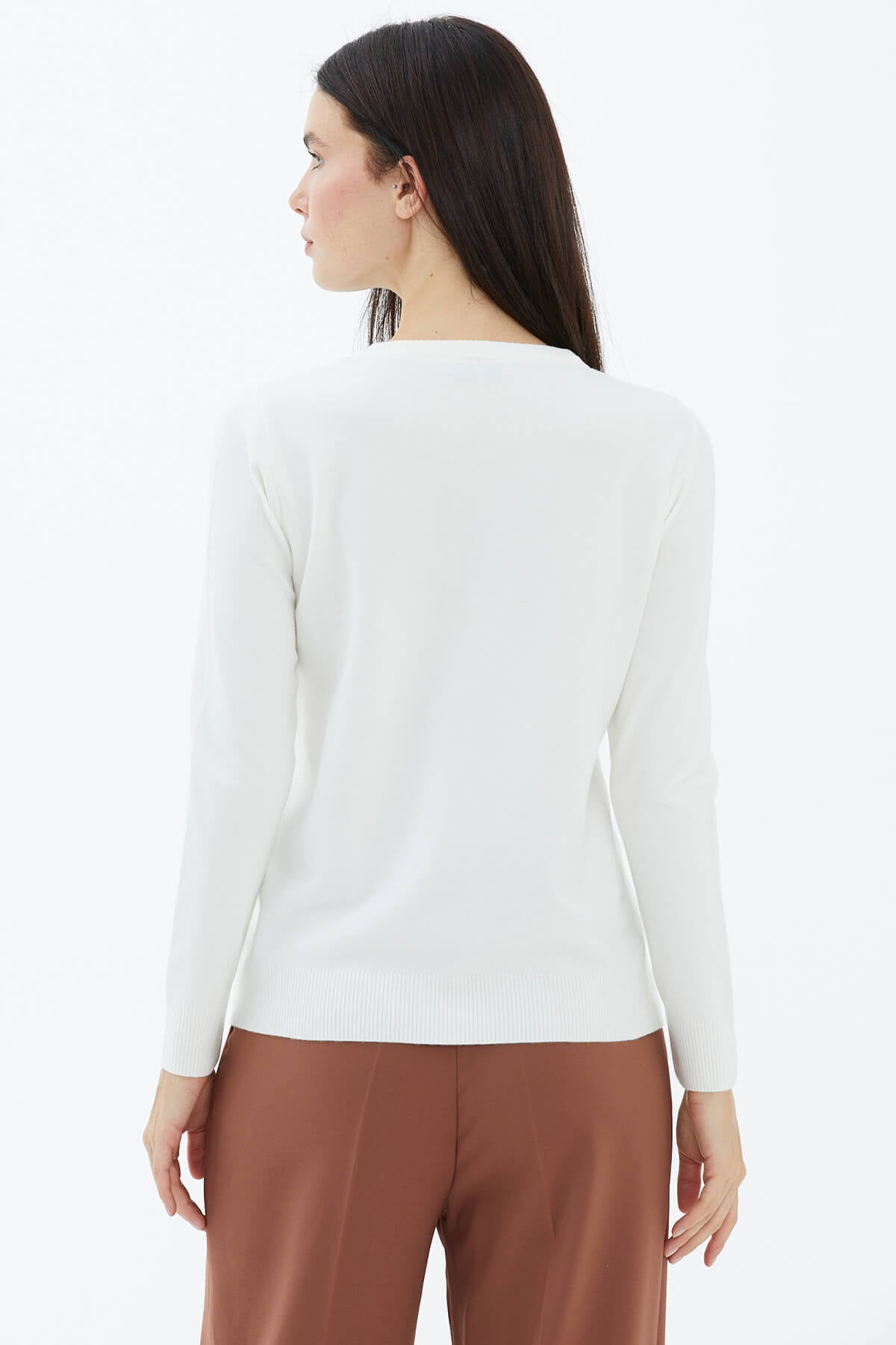 Sıfır Yaka Cepli Düğmeli Triko Kazak - Beyaz (4) Sementa