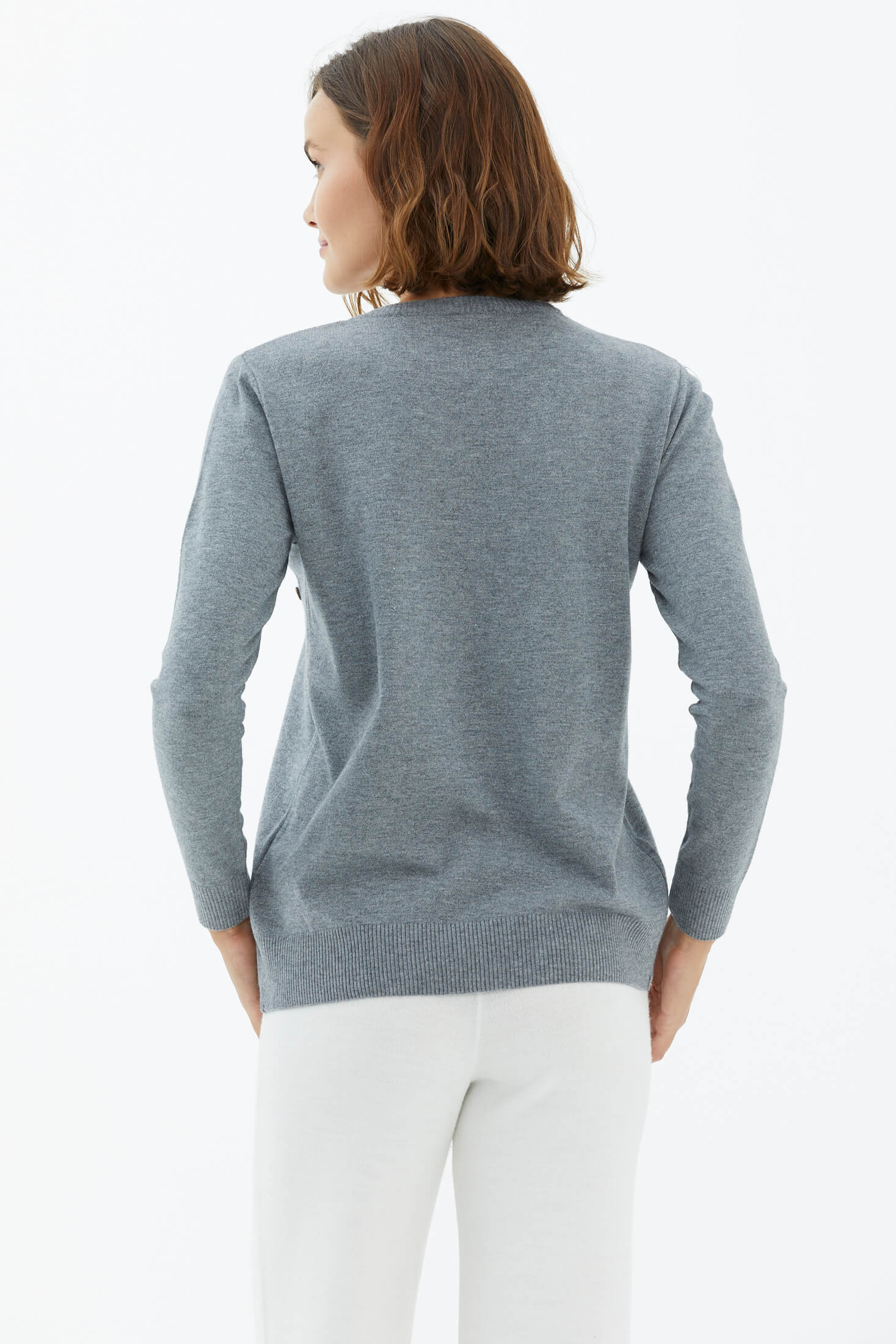 Sıfır Yaka Cepli Düğmeli Triko Kazak - Gri (4) Sementa