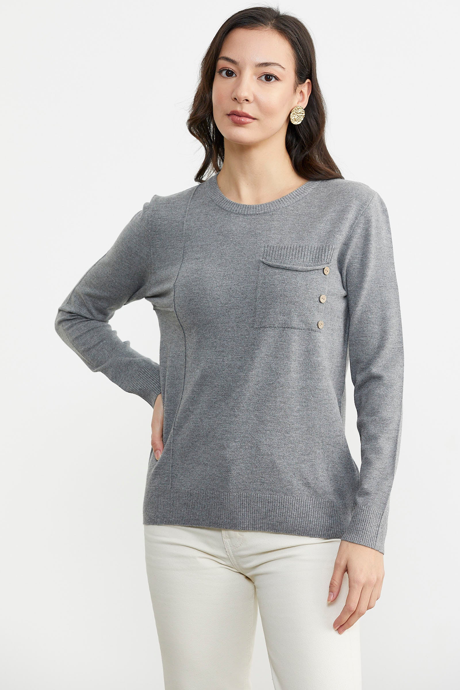 Sıfır Yaka Cepli Düğmeli Triko Kazak - Koyu Gri (2) Sementa