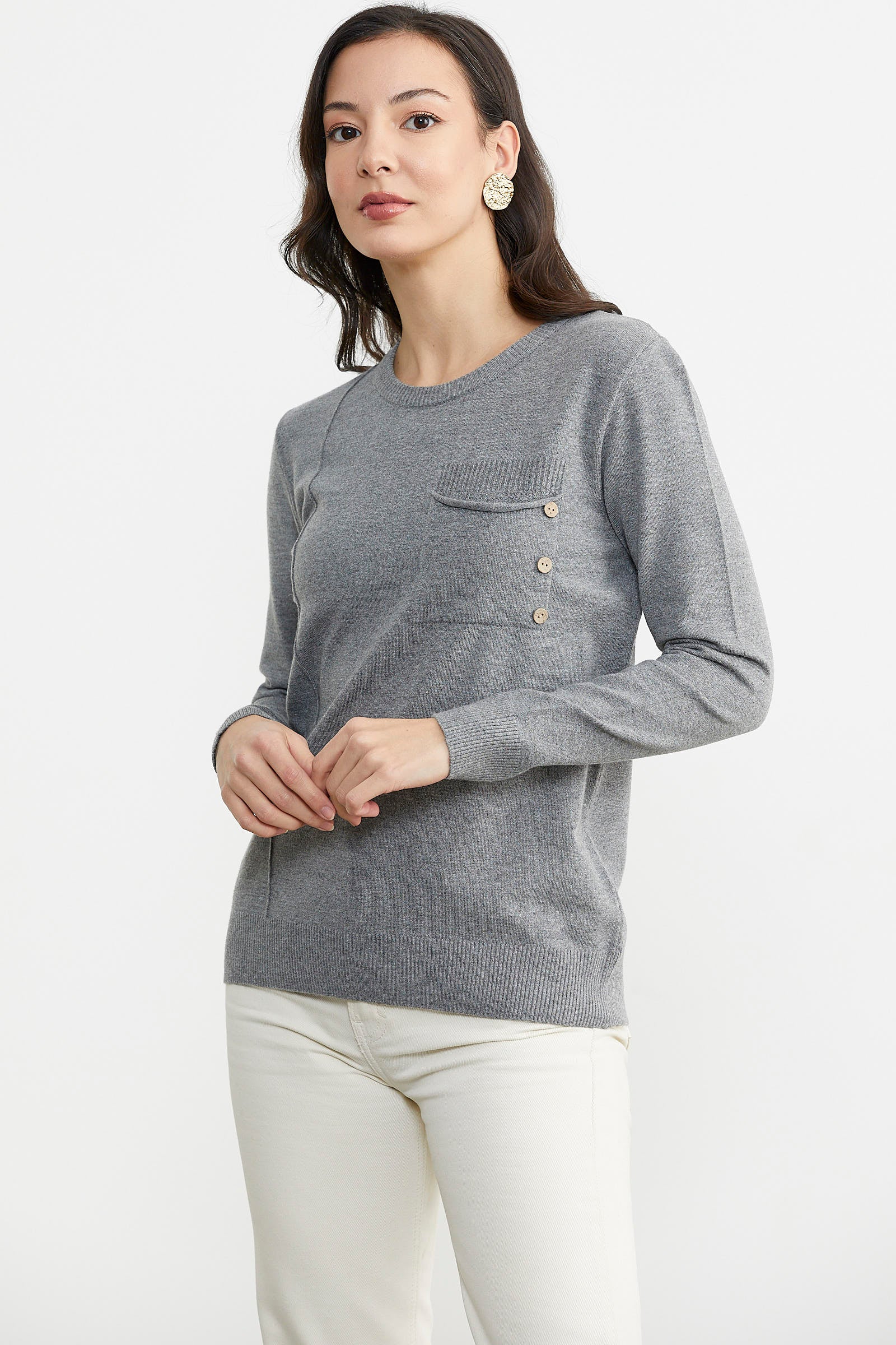 Sıfır Yaka Cepli Düğmeli Triko Kazak - Koyu Gri (3) Sementa