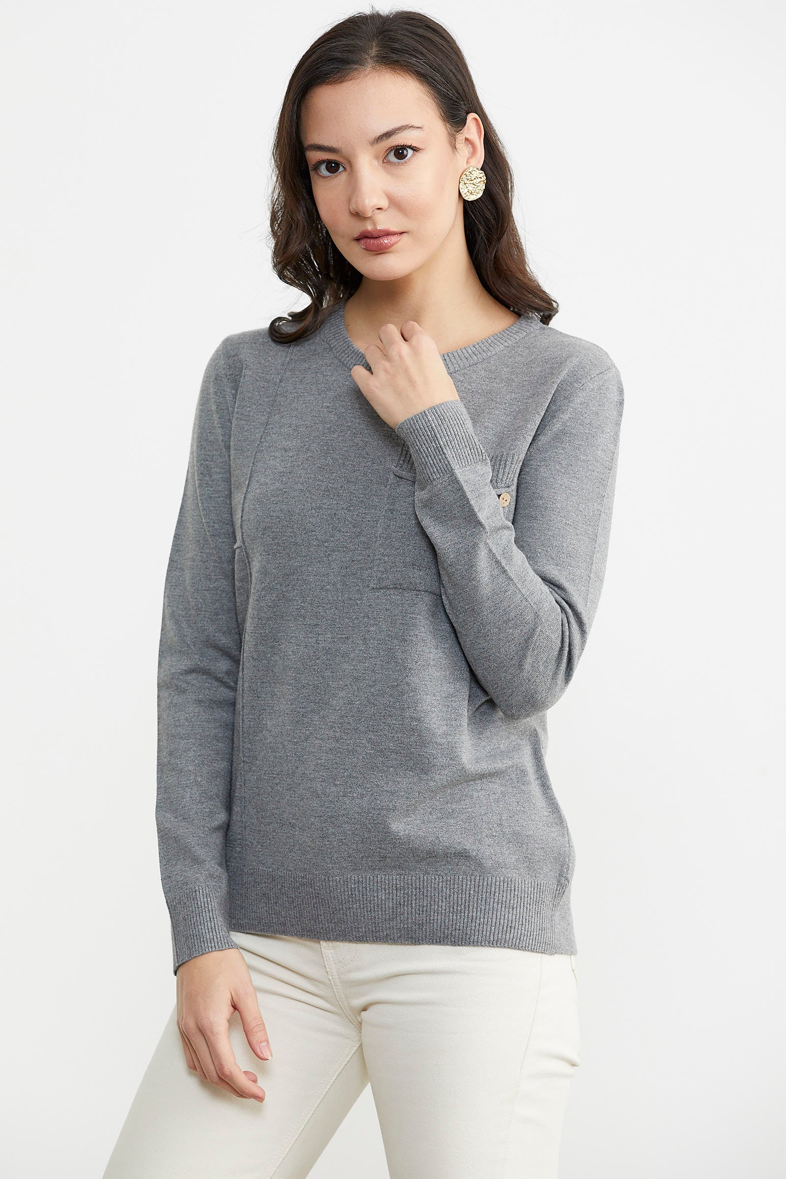 Sıfır Yaka Cepli Düğmeli Triko Kazak - Koyu Gri (4) Sementa