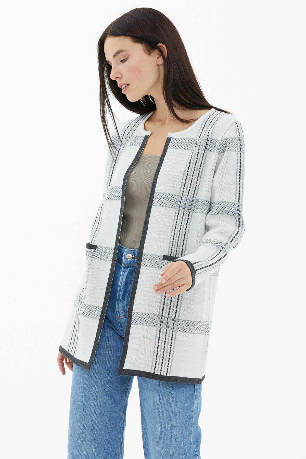 Sıfır Yaka Cepli Triko Ceket - Beyaz (3) Sementa